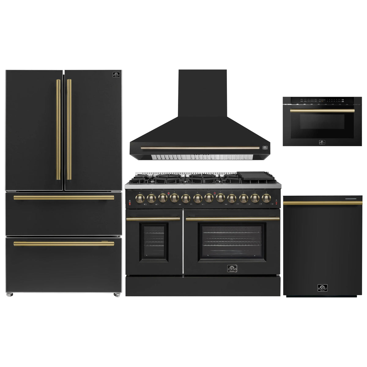Forno 5-Piece Appliance Package - 48-Inch Dual Fuel Range, Wall Mount Range Hood, 36-Inch Refrigerator, Dishwasher, and 24-Inch Microwave Drawer in Black with Antique Brass Trim