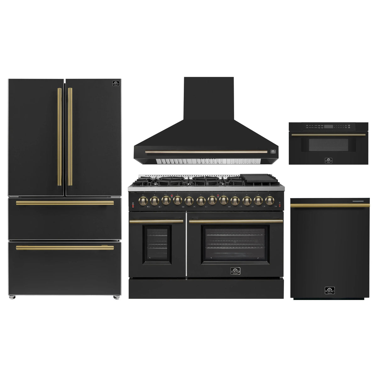 Forno 5-Piece Appliance Package - 48-Inch Dual Fuel Range, Wall Mount Range Hood, 36-Inch Refrigerator, Dishwasher, and 30-Inch Microwave Drawer in Black with Antique Brass Trim