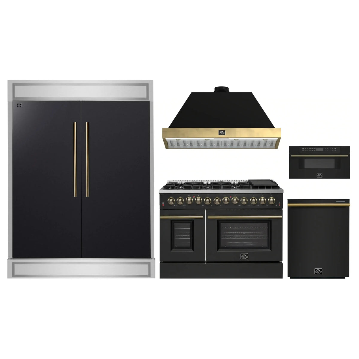 Forno 5-Piece Appliance Package - 48-Inch Dual Fuel Range, 60-Inch Convertible Refrigerator with Modern Trim, Dishwasher, and 30-Inch Microwave Drawer in Black with Antique Brass Trim
