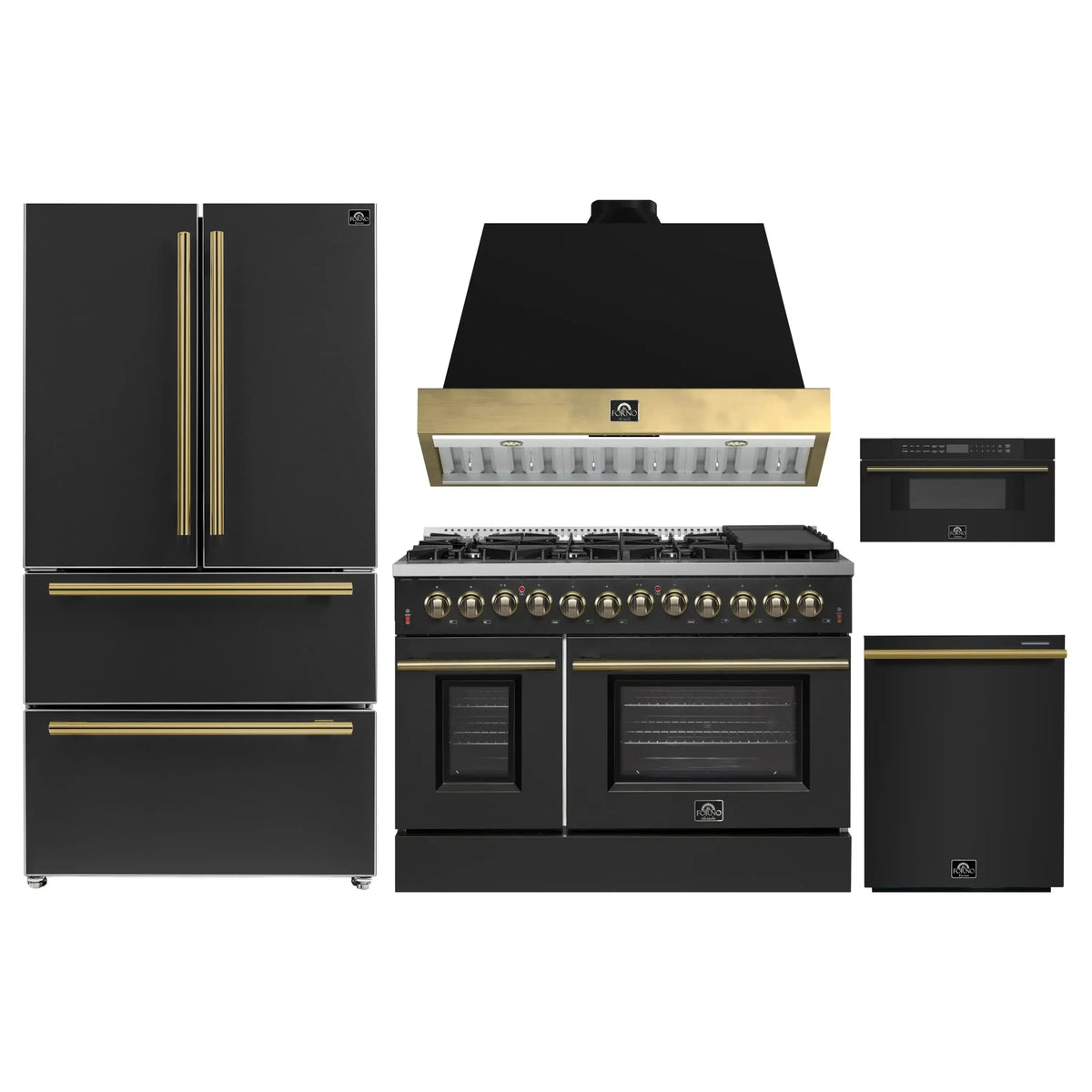 Forno Galiano 5-Piece Appliance Package - 48-Inch Dual Fuel Range, 48-Inch Hood, 36-Inch Refrigerator, 24-Inch Dishwasher, & 30-Inch Microwave Drawer in Black with Antique Brass Trim