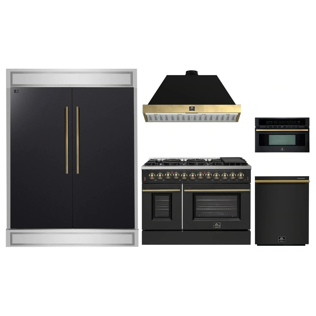 Forno 5-Piece Appliance Package - 48-Inch Dual Fuel Range, 60-Inch Convertible Refrigerator with Modern Trim, Dishwasher, and 30-Inch Microwave Oven in Black with Antique Brass Trim