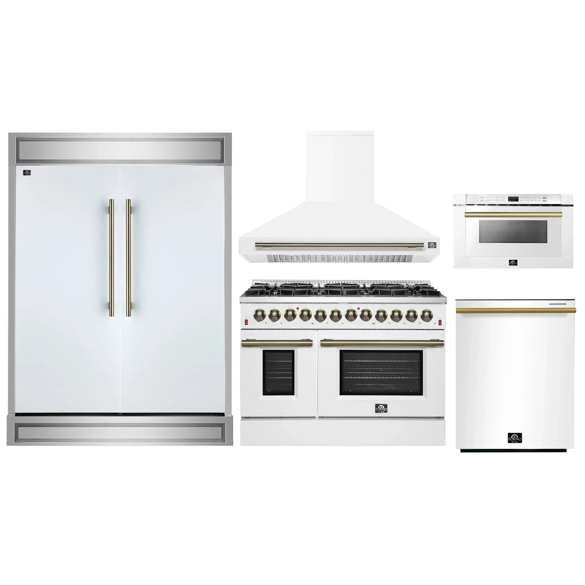 Forno 5-Piece Appliance Package - 48-Inch Dual Fuel Range, Wall Mount Range Hood, 60-Inch Refrigerator, Dishwasher, and 24-Inch Microwave Drawer in White with Antique Brass Trim