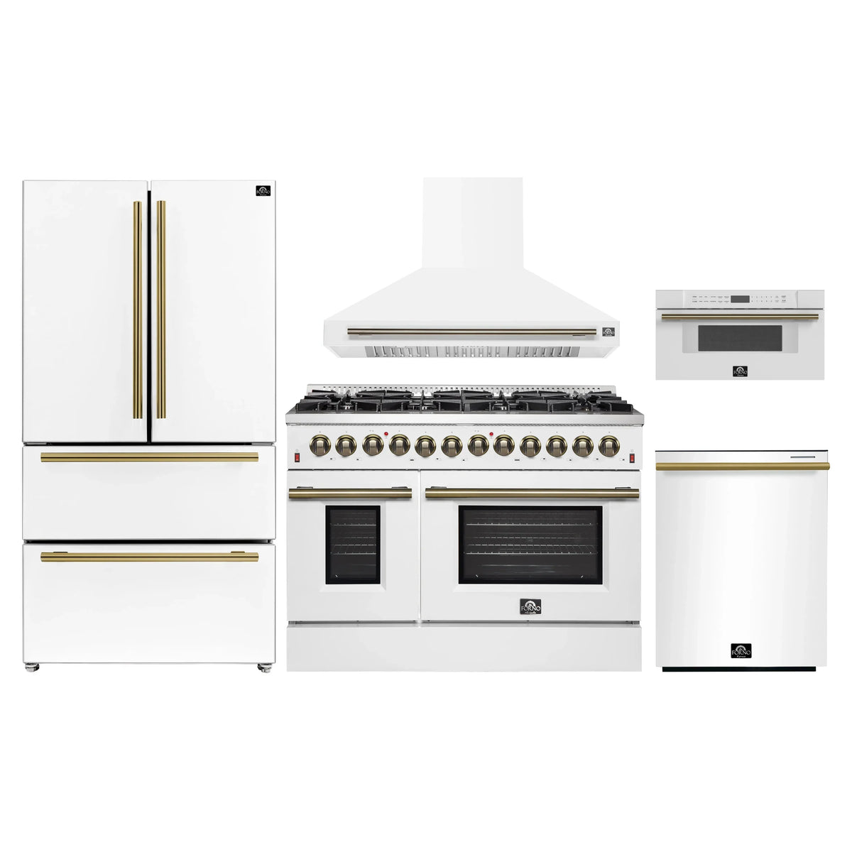 Forno 5-Piece Appliance Package - 48-Inch Dual Fuel Range, Wall Mount Range Hood, 36-Inch Refrigerator, Dishwasher, and 30-Inch Microwave Drawer in White with Antique Brass Trim