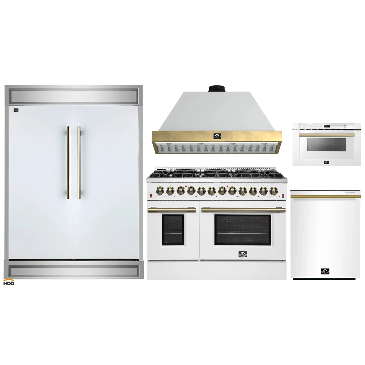 Forno 5-Piece Appliance Package - 48-Inch Dual Fuel Range, Wall Mount Range Hood, 60-Inch Refrigerator, Dishwasher, & 24-Inch Microwave Drawer in White with Antique Brass Trim
