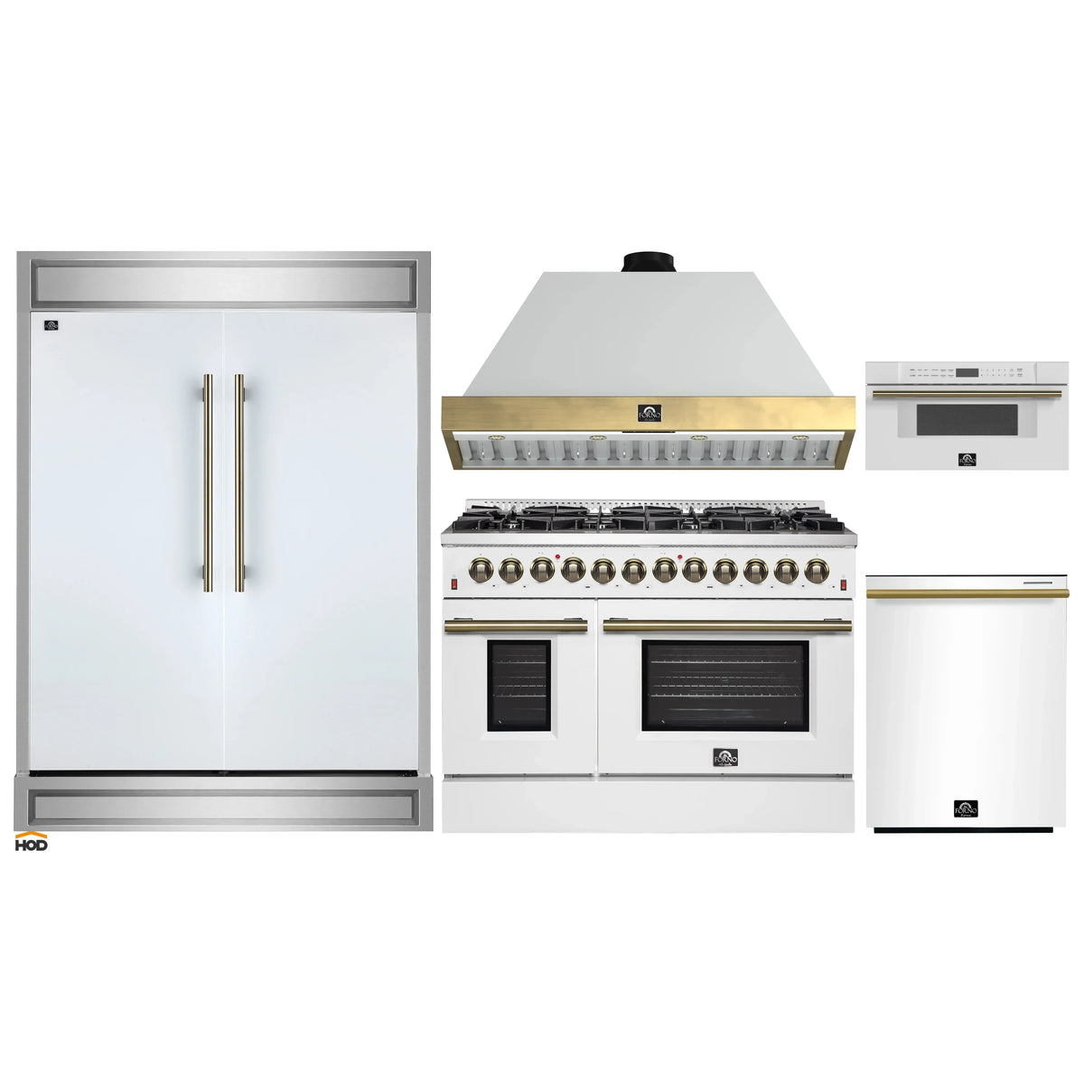 Forno 5-Piece Appliance Package - 48-Inch Dual Fuel Range, Wall Mount Range Hood, 60-Inch Refrigerator, Dishwasher, & 30-Inch Microwave Drawer in White with Antique Brass Trim