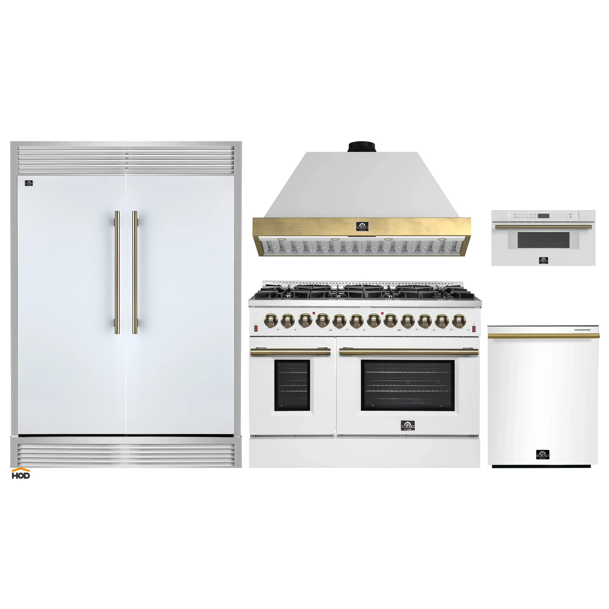 Forno 5-Piece Appliance Package - 48-Inch Galiano Dual Fuel Range, Wall Mount Range Hood, 60-Inch Refrigerator, Dishwasher, & 30-Inch Microwave Drawer in White with Antique Brass Trim