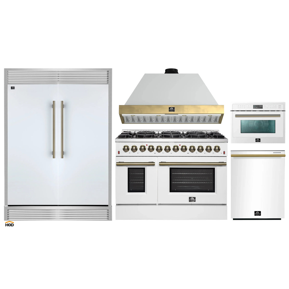 Forno 5-Piece Appliance Package - 48-Inch Galiano Dual Fuel Range, Wall Mount Range Hood, 60-Inch Refrigerator, Dishwasher, & 24-Inch Microwave Oven in White with Antique Brass Trim