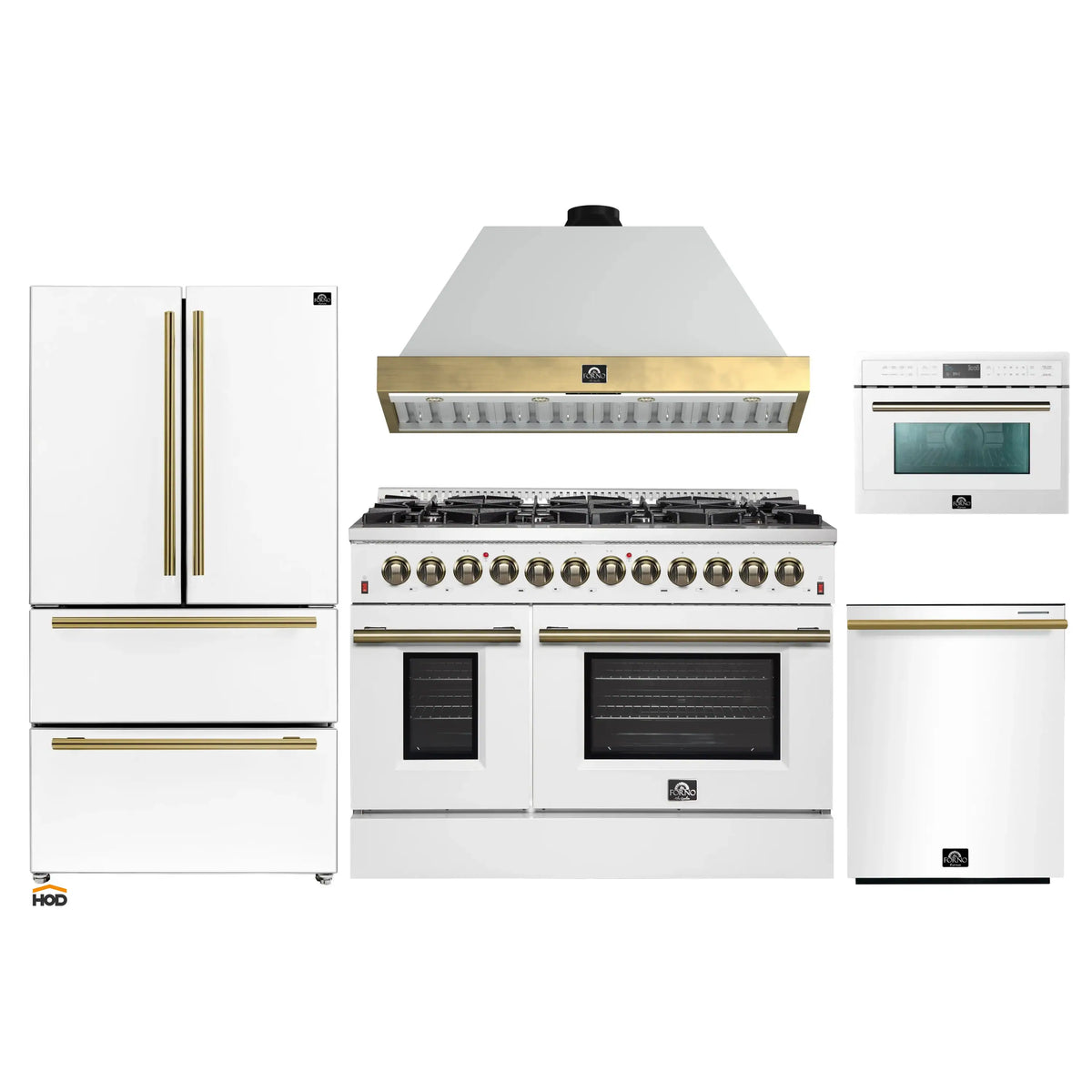 Forno Galiano 5-Piece Appliance Package - 48-Inch Dual Fuel Range, 48-Inch Hood, 36-Inch Refrigerator, 24-Inch Dishwasher, & 24-Inch Microwave Oven in White with Antique Brass Trim