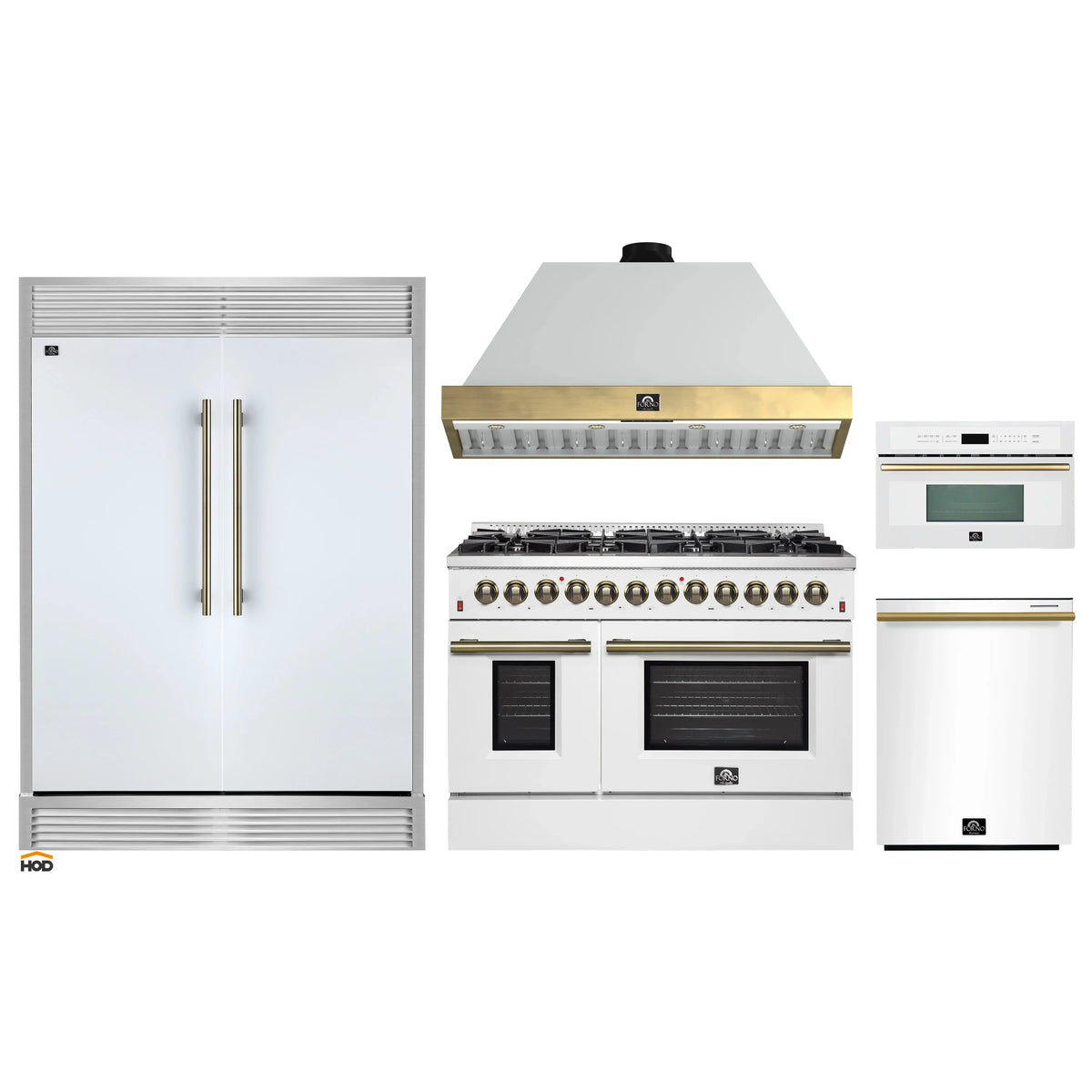 Forno 5-Piece Appliance Package - 48-Inch Galiano Dual Fuel Range, Wall Mount Range Hood, 60-Inch Refrigerator, Dishwasher, & 30-Inch Microwave Oven in White with Antique Brass Trim