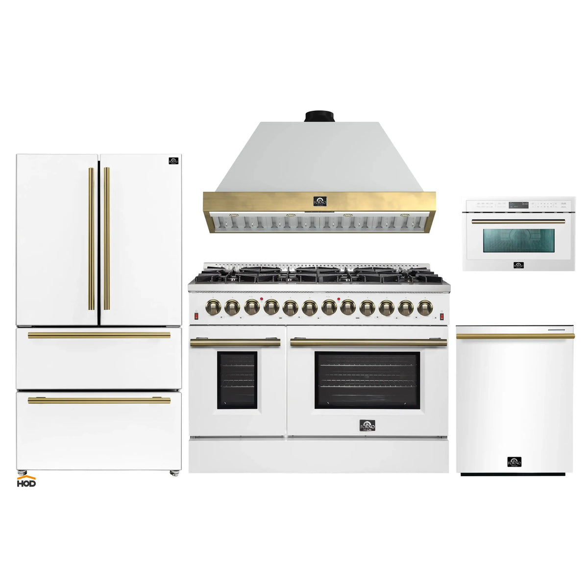 Forno Galiano 5-Piece Appliance Package - 48-Inch Dual Fuel Range, 48-Inch Hood, 36-Inch Refrigerator, 24-Inch Dishwasher, & 30-Inch Microwave Oven in White with Antique Brass Trim