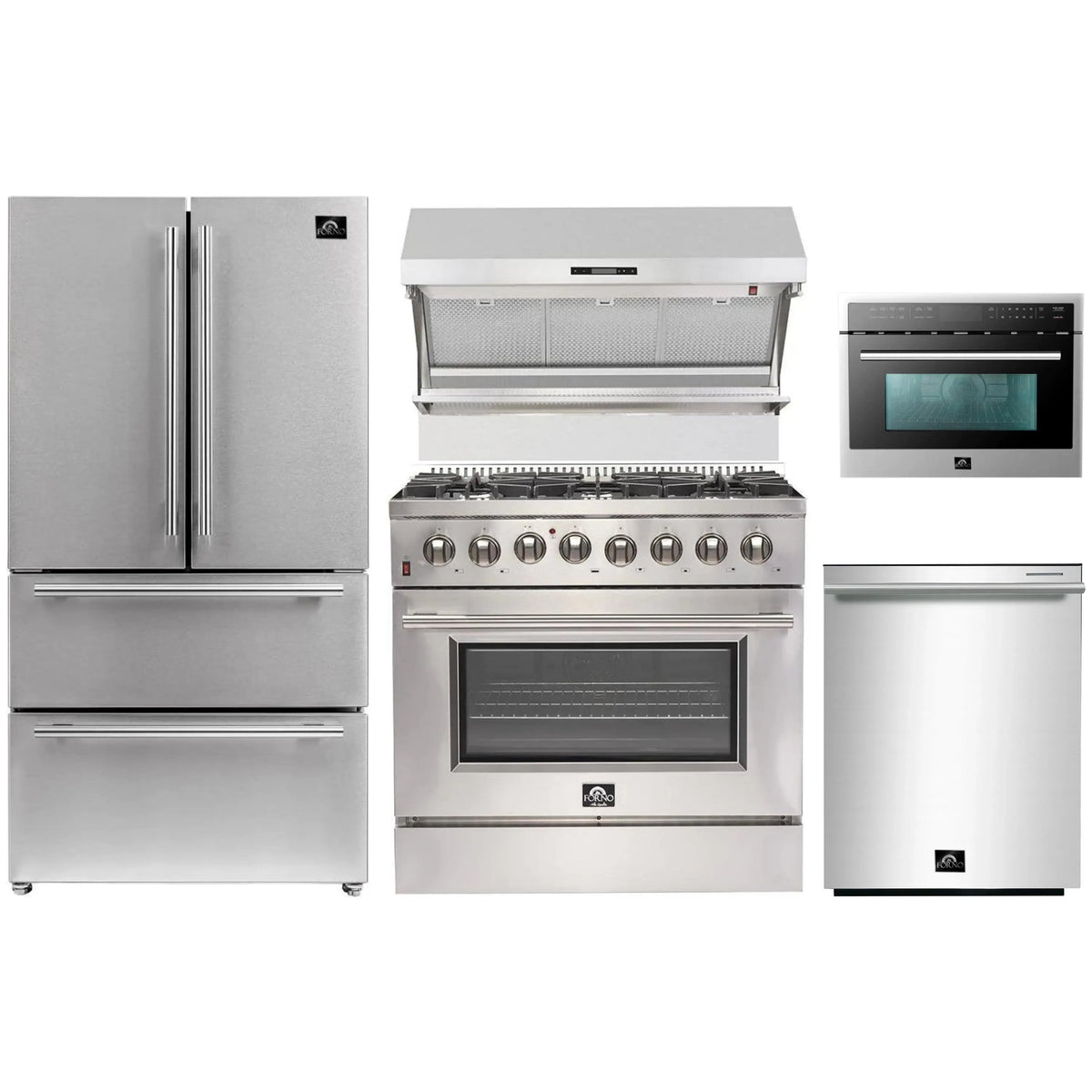 Forno 5-Piece Pro Appliance Package - 36-Inch Dual Fuel Range, 36-Inch Refrigerator, Wall Mount Hood with Backsplash, 24-Inch Microwave Drawer, & 3-Rack Dishwasher in Stainless Steel