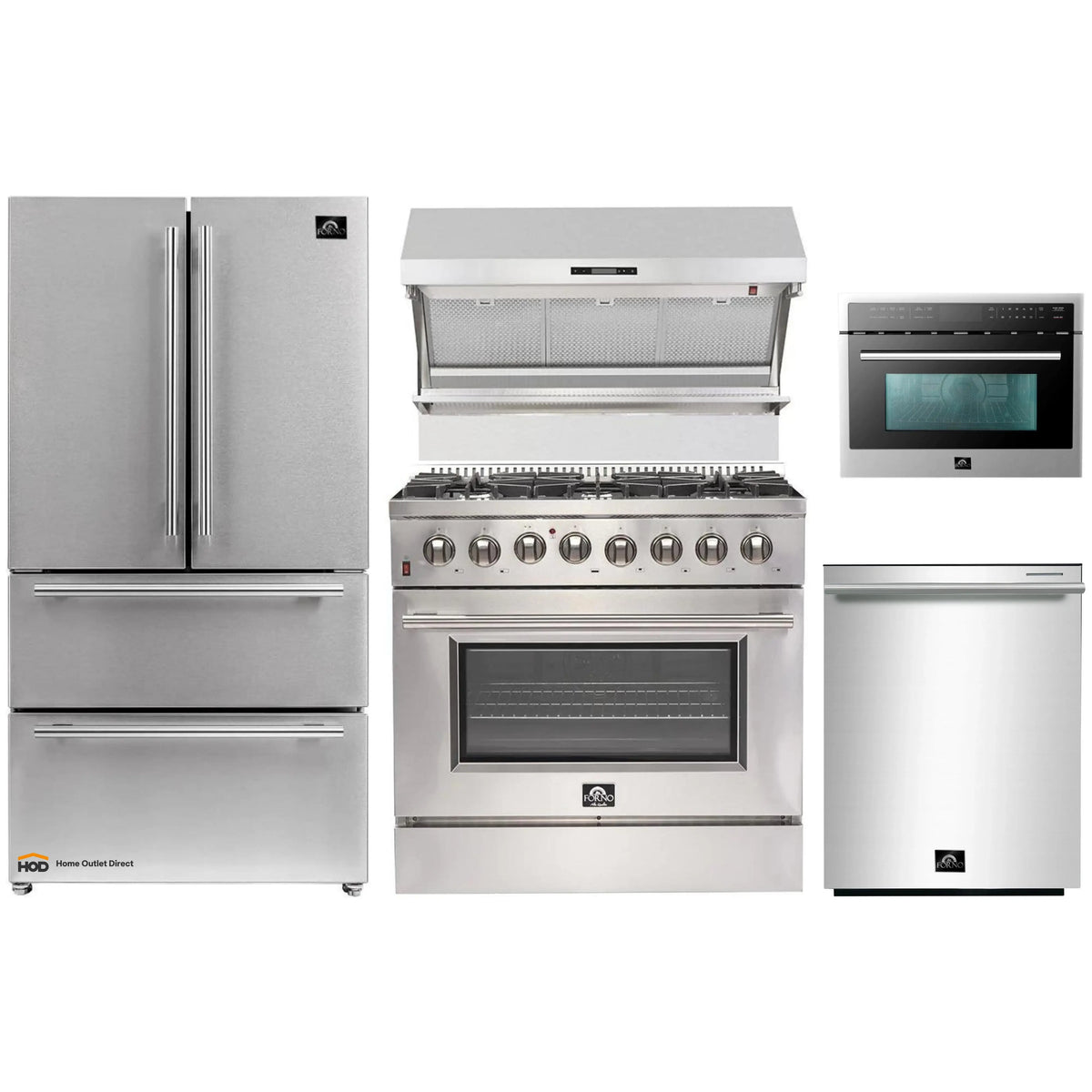 Forno 5-Piece Pro Appliance Package - 36-Inch Dual Fuel Range, 36-Inch Refrigerator, Wall Mount Hood with Backsplash, 24-Inch Microwave Drawer, & 3-Rack Dishwasher in Stainless Steel