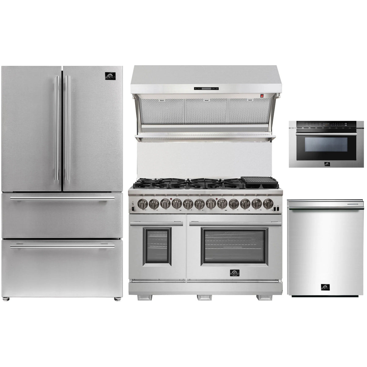 Forno 5-Piece Pro Appliance Package - 48-Inch Dual Fuel Range, Refrigerator, Wall Mount Hood with Backsplash, 24-Inch Microwave Drawer, & 3-Rack Dishwasher in Stainless Steel