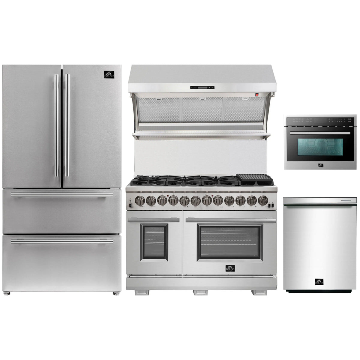 Forno 5-Piece Pro Appliance Package - 48-Inch Dual Fuel Range, Refrigerator, Wall Mount Hood with Backsplash, 24-Inch Microwave Oven, & 3-Rack Dishwasher in Stainless Steel