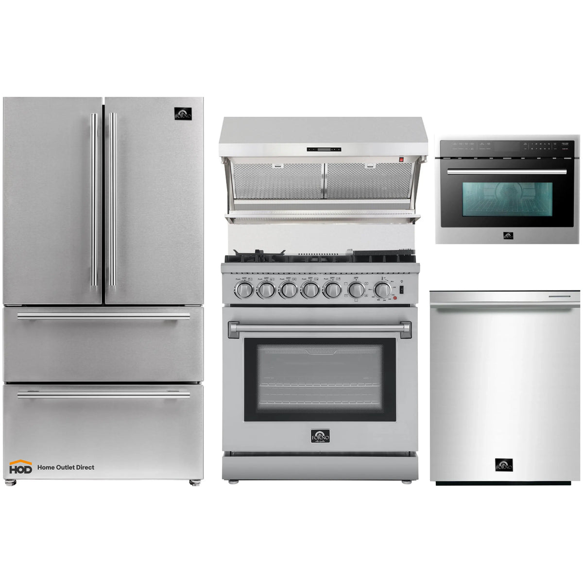Forno 5-Piece Appliance Package - 30-Inch Dual Fuel Range with Air Fryer, Refrigerator, Wall Mount Hood with Backsplash, 24-Inch Microwave Oven, & 3-Rack Dishwasher in Stainless Steel