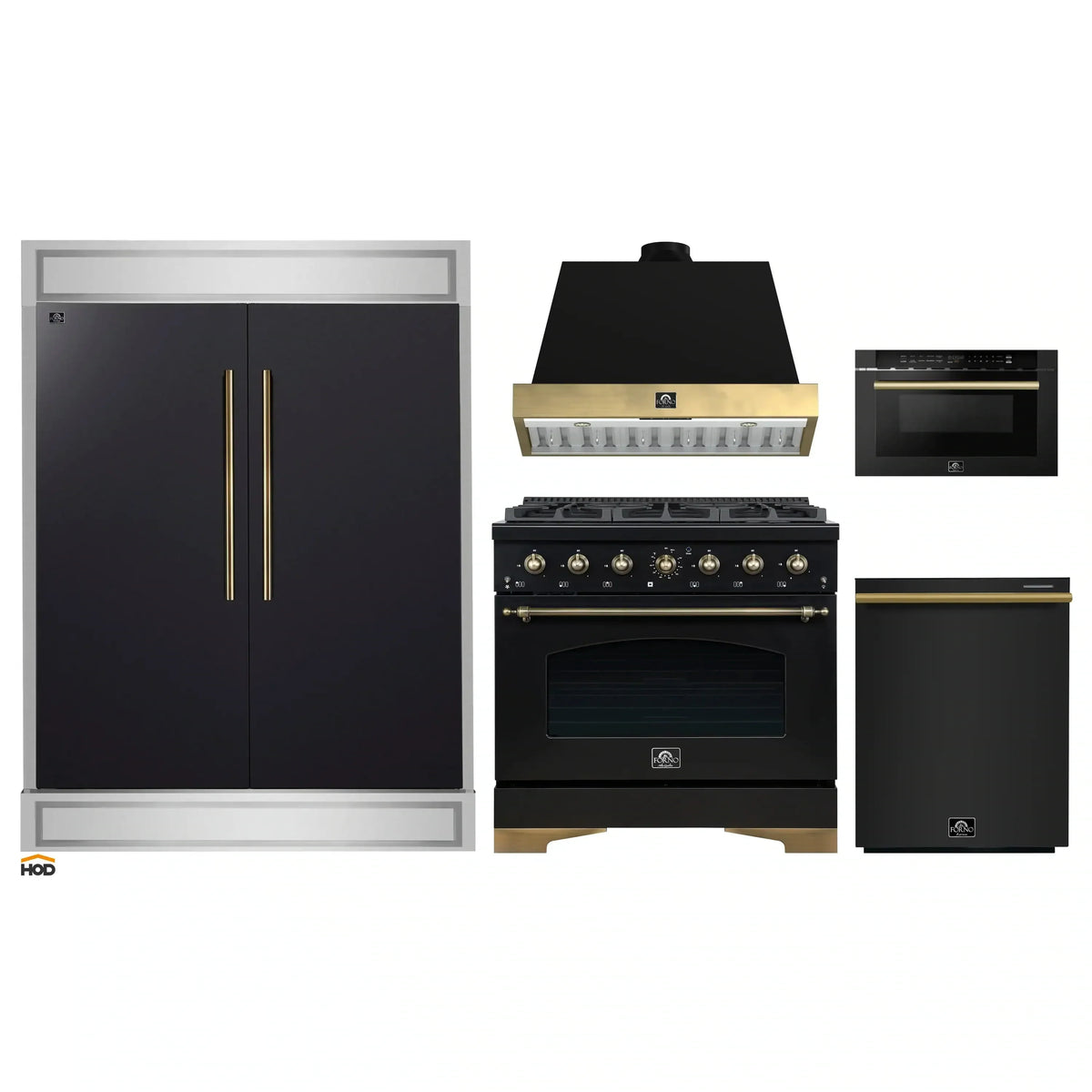 Forno 5-Piece Appliance Package - 36-Inch Gas Range, Wall Mount Range Hood, 60-Inch Convertible Refrigerator with Modern Trim, Dishwasher, and 24-Inch Microwave Drawer in Black with Antique Brass Trim