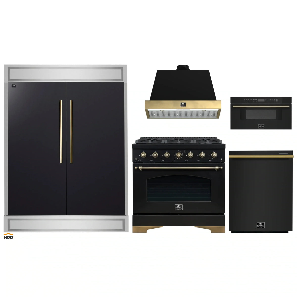Forno 5-Piece Appliance Package - 36-Inch Gas Range, Wall Mount Range Hood, 60-Inch Convertible Refrigerator with Modern Trim, Dishwasher, and 30-Inch Microwave Drawer in Black with Antique Brass Trim