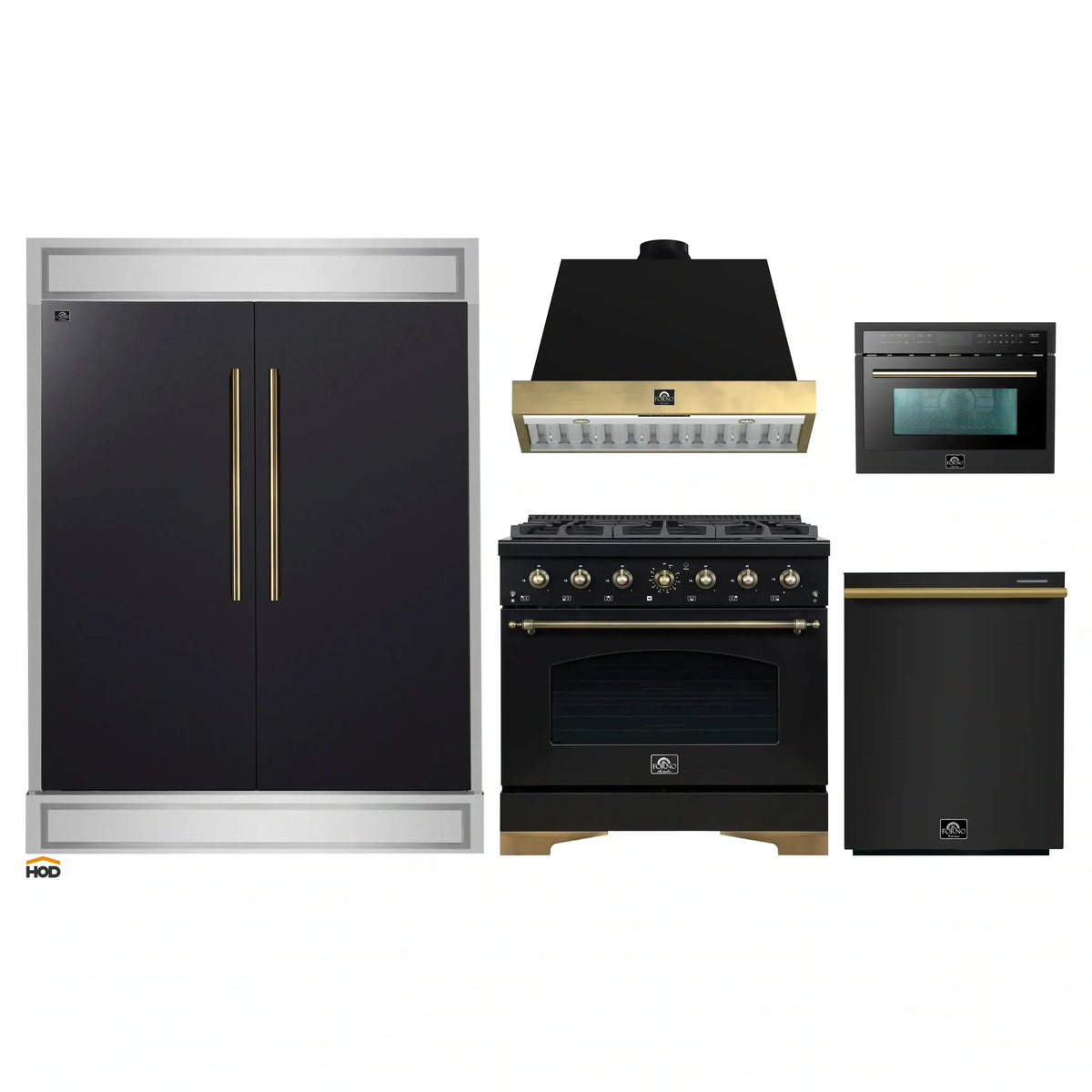 Forno 5-Piece Appliance Package - 36-Inch Gas Range, Wall Mount Range Hood, 60-Inch Convertible Refrigerator with Modern Trim, Dishwasher, and 24-Inch Microwave Oven in Black with Antique Brass Trim