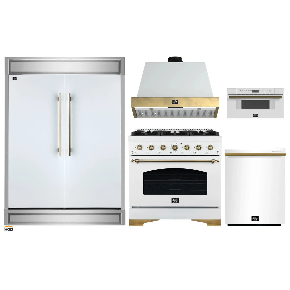 Forno 5-Piece Appliance Package - 36-Inch Gas Range, Wall Mount Range Hood, 60-Inch Refrigerator, Dishwasher, & 30-Inch Microwave Drawer in White with Antique Brass Trim