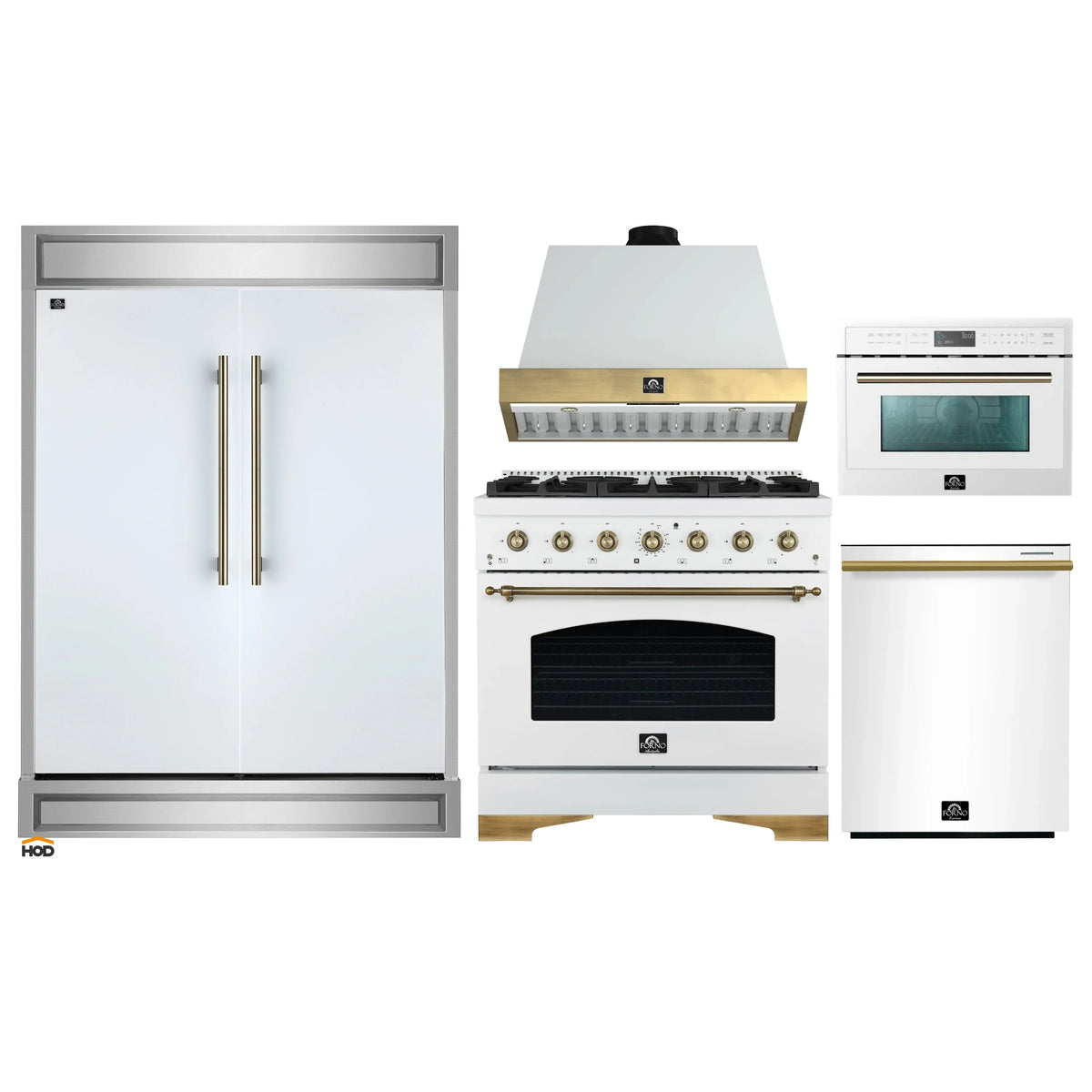 Forno 5-Piece Appliance Package - 36-Inch Antico Gas Range, Wall Mount Range Hood, 60-Inch Refrigerator, Dishwasher, & 24-Inch Microwave Oven in White with Antique Brass Trim