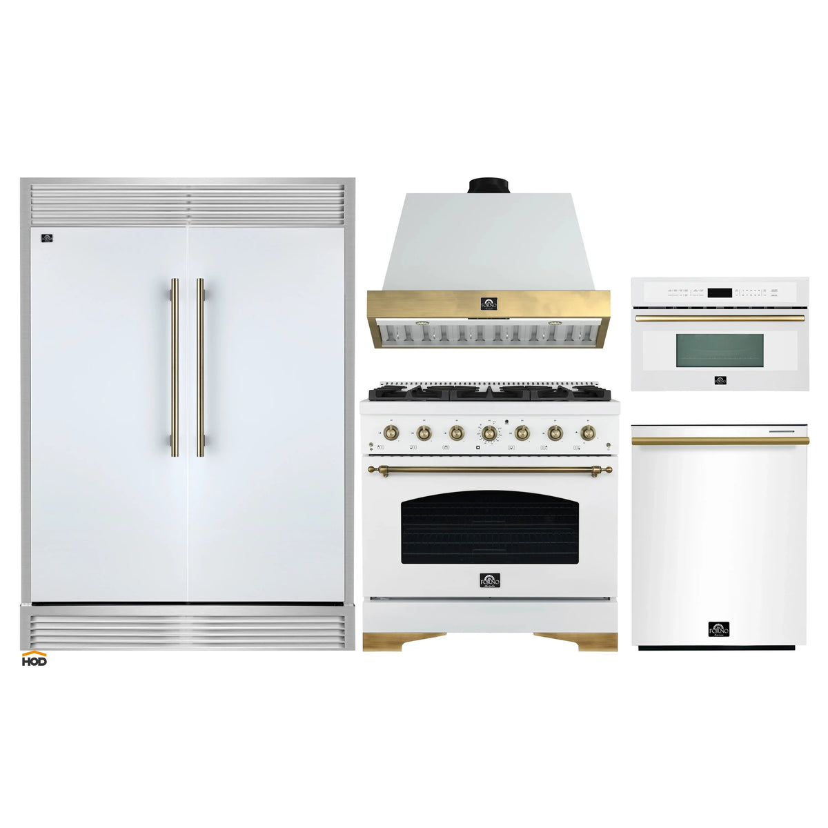 Forno 5-Piece Appliance Package - 36-Inch Antico Gas Range, Wall Mount Range Hood, 60-Inch Refrigerator, Dishwasher, & 30-Inch Microwave Oven in White with Antique Brass Trim