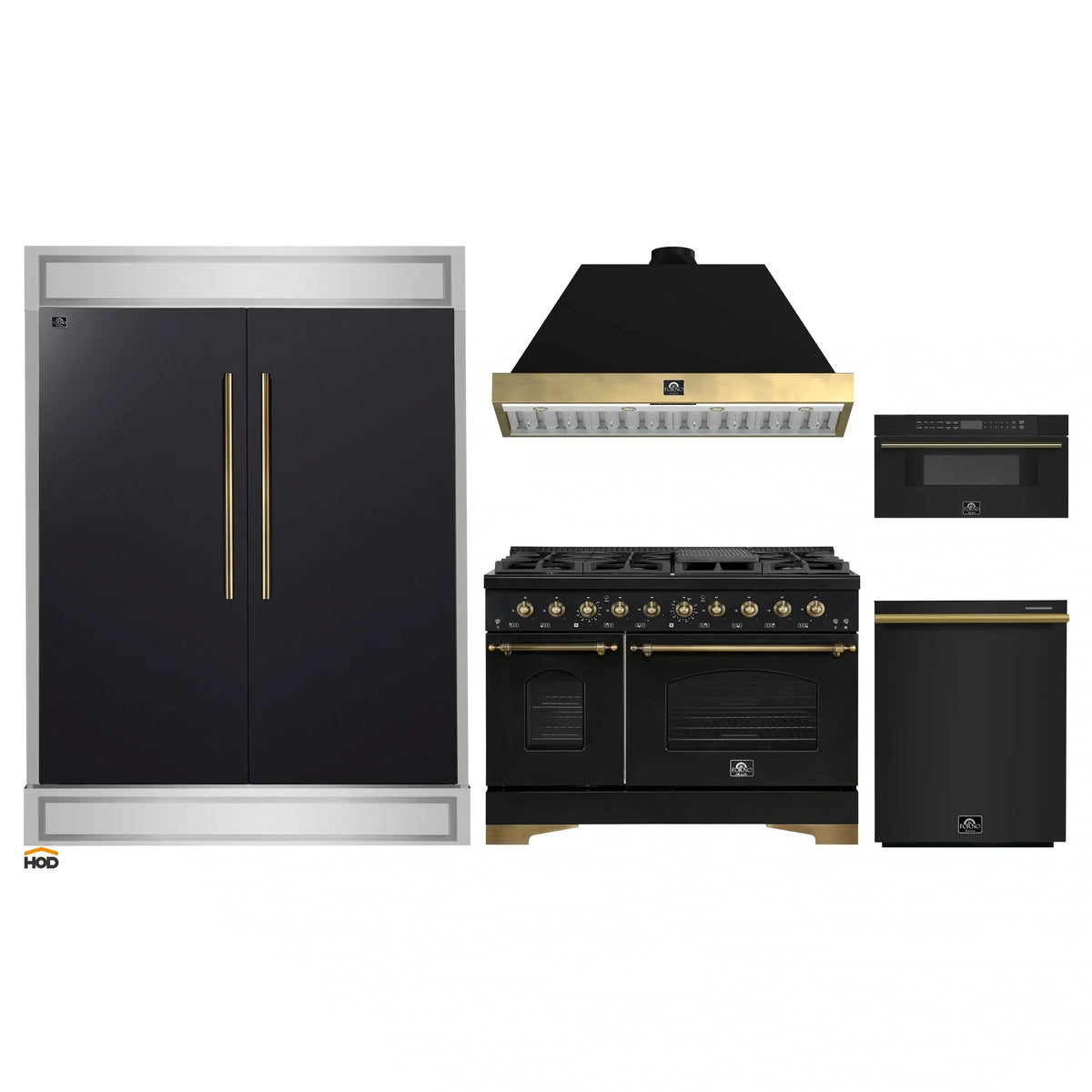 Forno 5-Piece Appliance Package - 48-Inch Gas Range, 60-Inch Convertible Refrigerator with Modern Trim, Dishwasher, and 30-Inch Microwave Drawer in Black with Antique Brass Trim