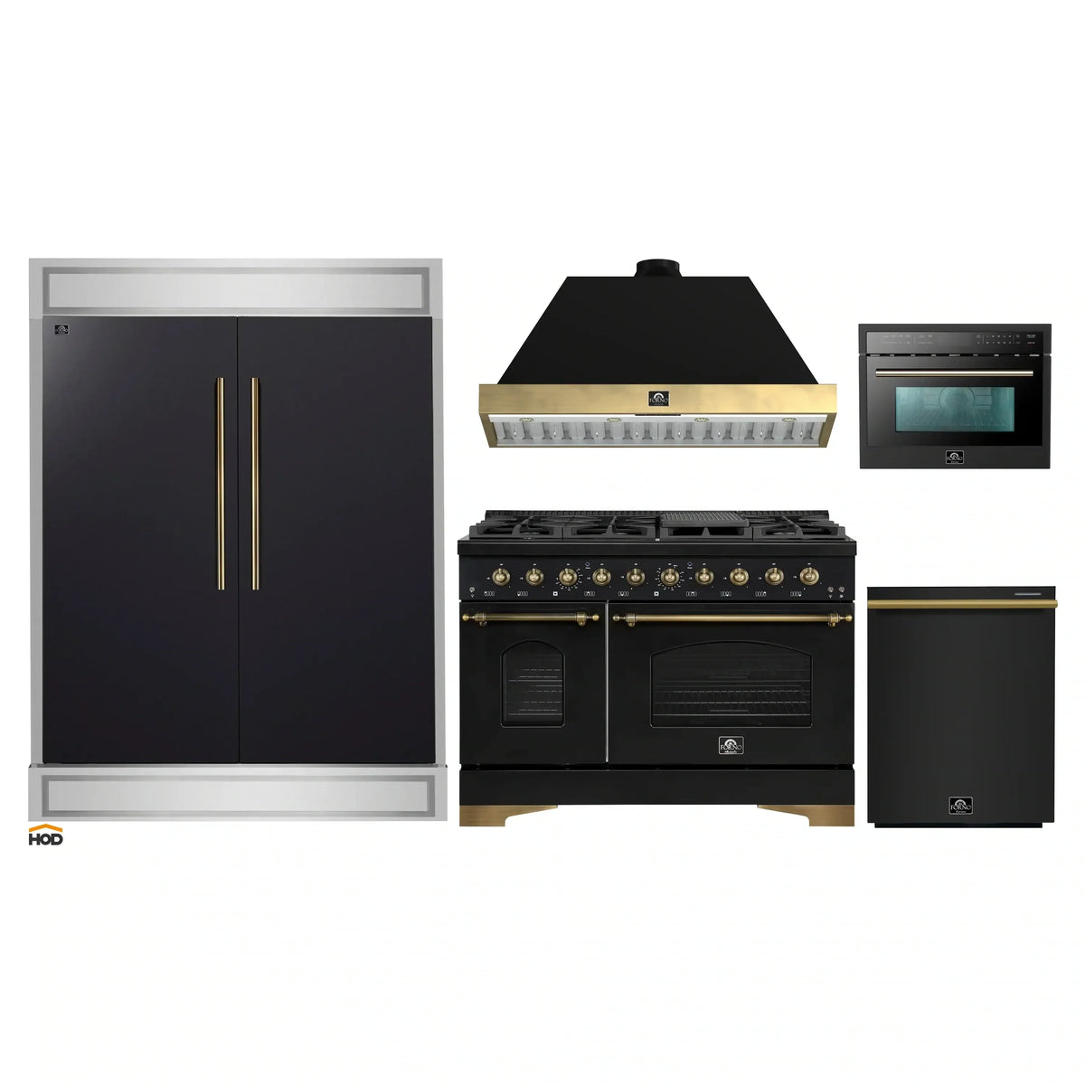 Forno 5-Piece Appliance Package - 48-Inch Gas Range, Hood, 60-Inch Convertible Refrigerator with Modern Trim, Dishwasher, and 24-Inch Microwave Oven in Black with Antique Brass Trim