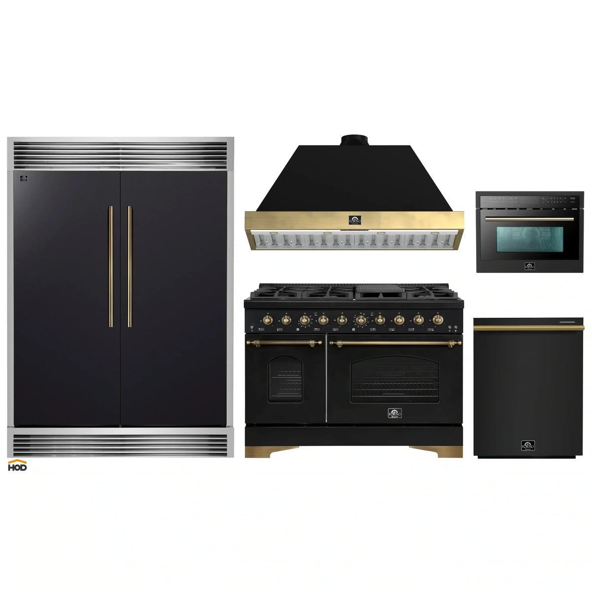 Forno 5-Piece Appliance Package - 48-Inch Gas Range, 60-Inch Convertible Refrigerator with Modern Grille Trim, Dishwasher, and 24-Inch Microwave Oven in Black with Antique Brass Trim