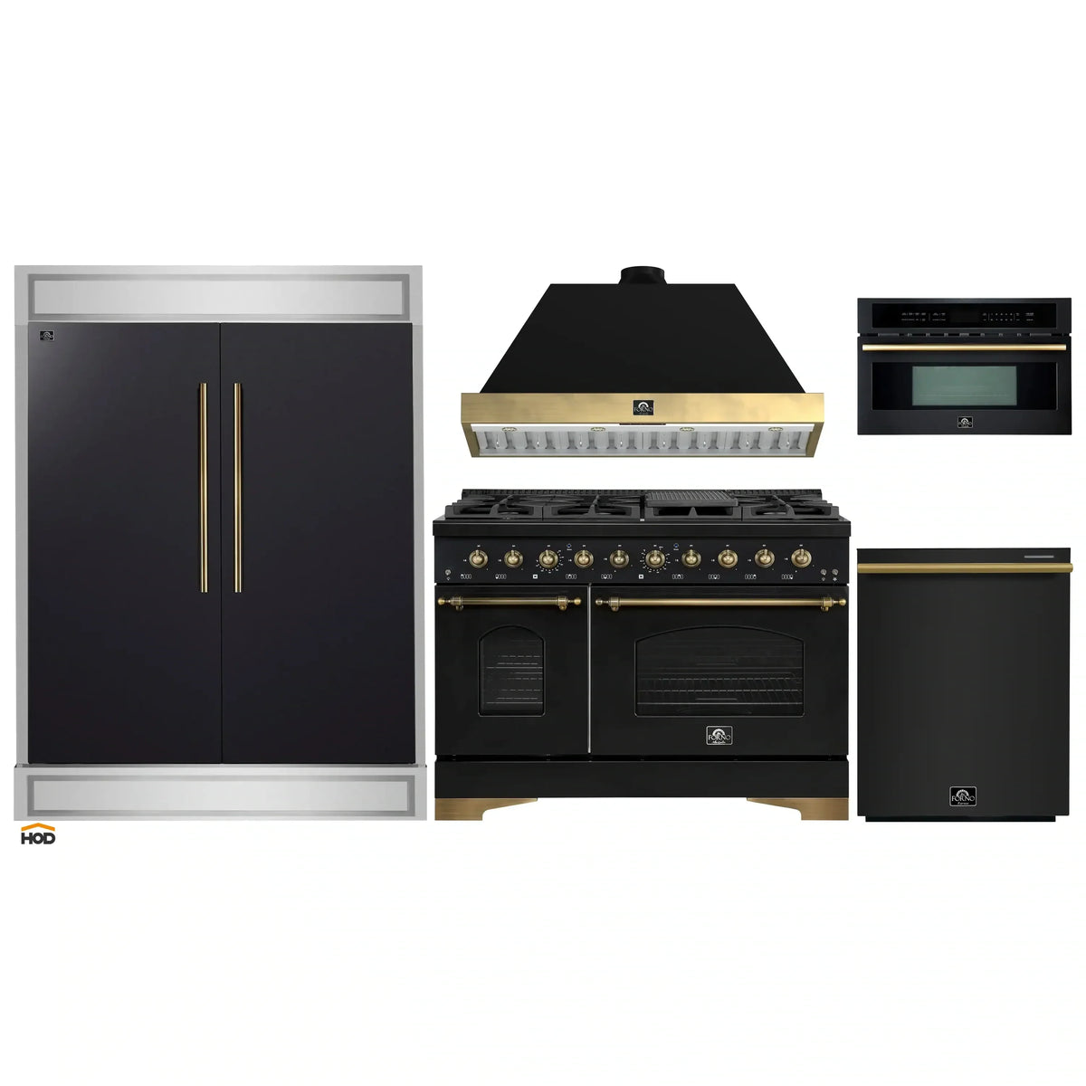 Forno 5-Piece Appliance Package - 48-Inch Gas Range, 60-Inch Convertible Refrigerator with Modern Trim, Dishwasher, and 30-Inch Microwave Oven in Black with Antique Brass Trim