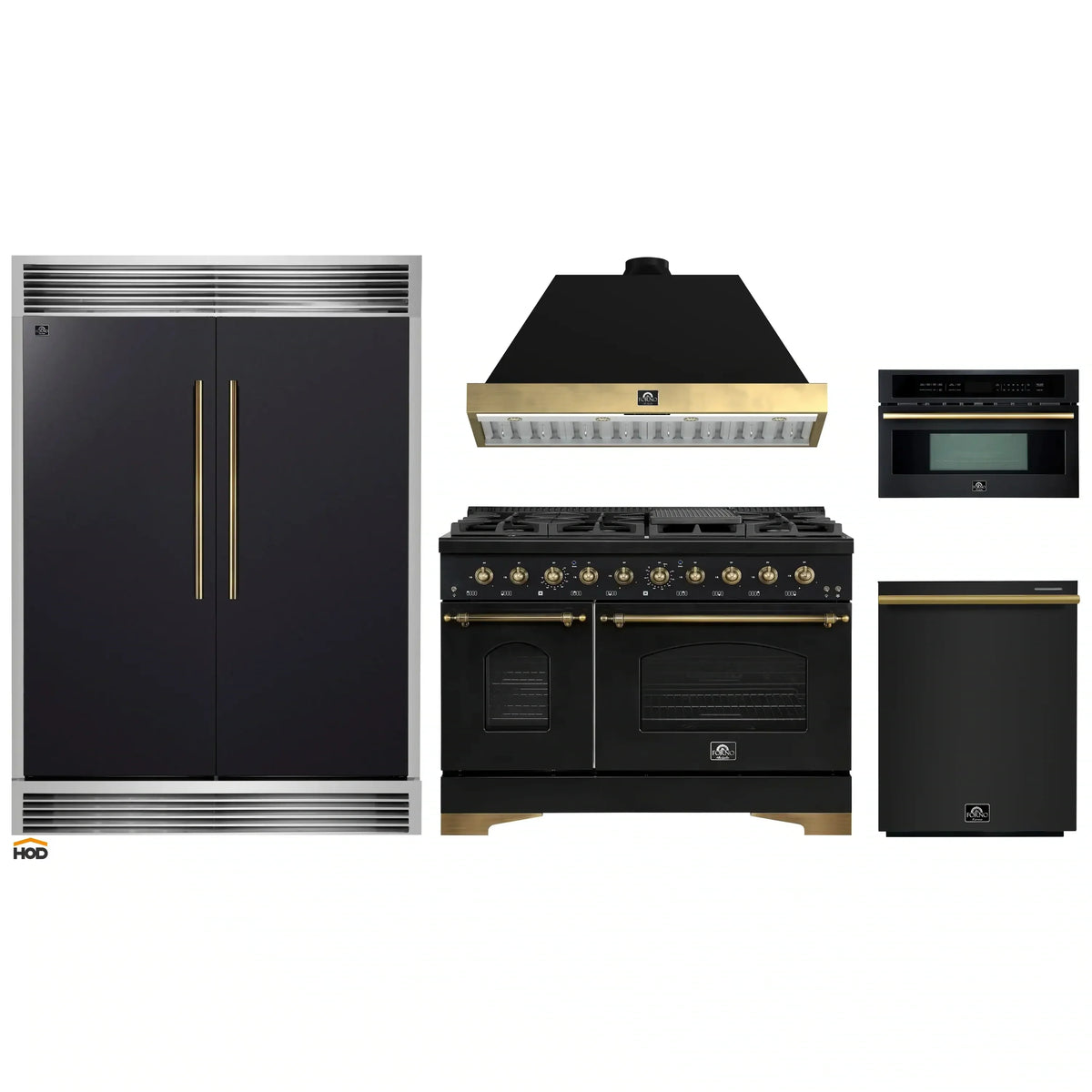 Forno 5-Piece Appliance Package - 48-Inch Gas Range, 60-Inch Convertible Refrigerator with Modern Grille Trim, Dishwasher, and 30-Inch Microwave Oven in Black with Antique Brass Trim