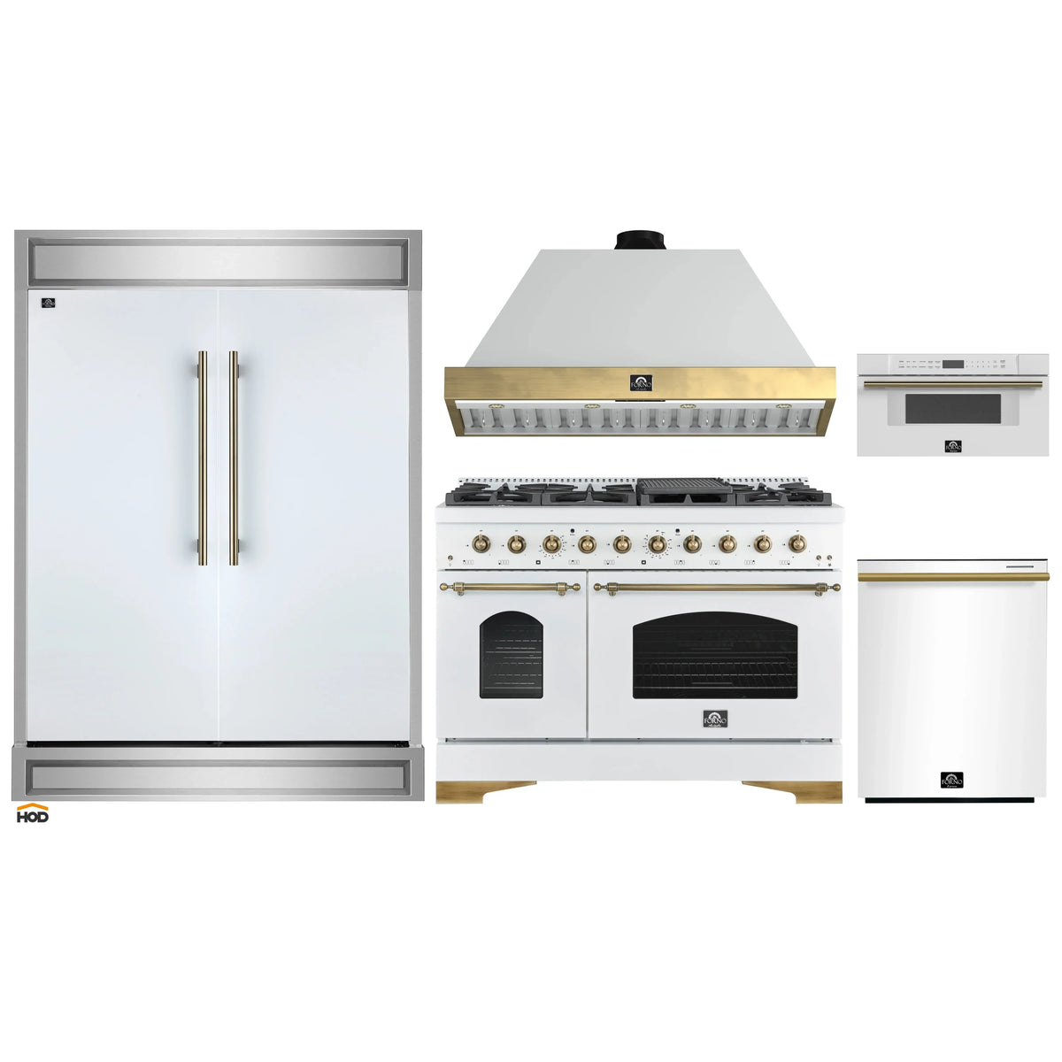 Forno 5-Piece Appliance Package - 48-Inch Gas Range, Wall Mount Range Hood, 60-Inch Refrigerator, Dishwasher, & 30-Inch Microwave Drawer in White with Antique Brass Trim