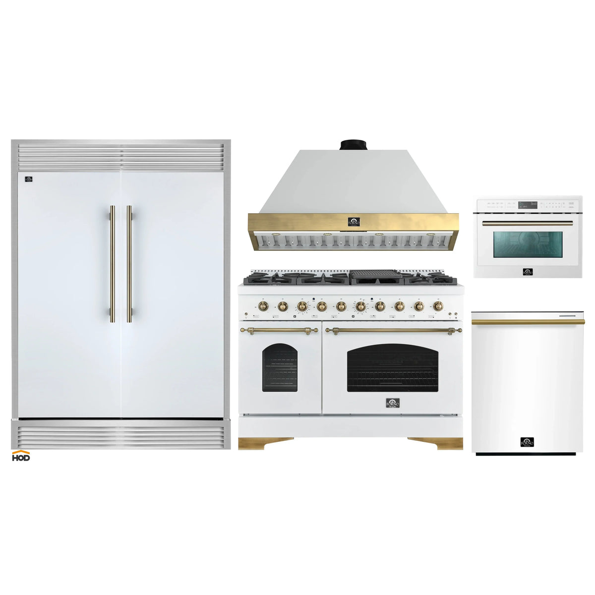 Forno 5-Piece Appliance Package - 48-Inch Antico Gas Range, Wall Mount Range Hood, 60-Inch Refrigerator, Dishwasher, & 24-Inch Microwave Oven in White with Antique Brass Trim