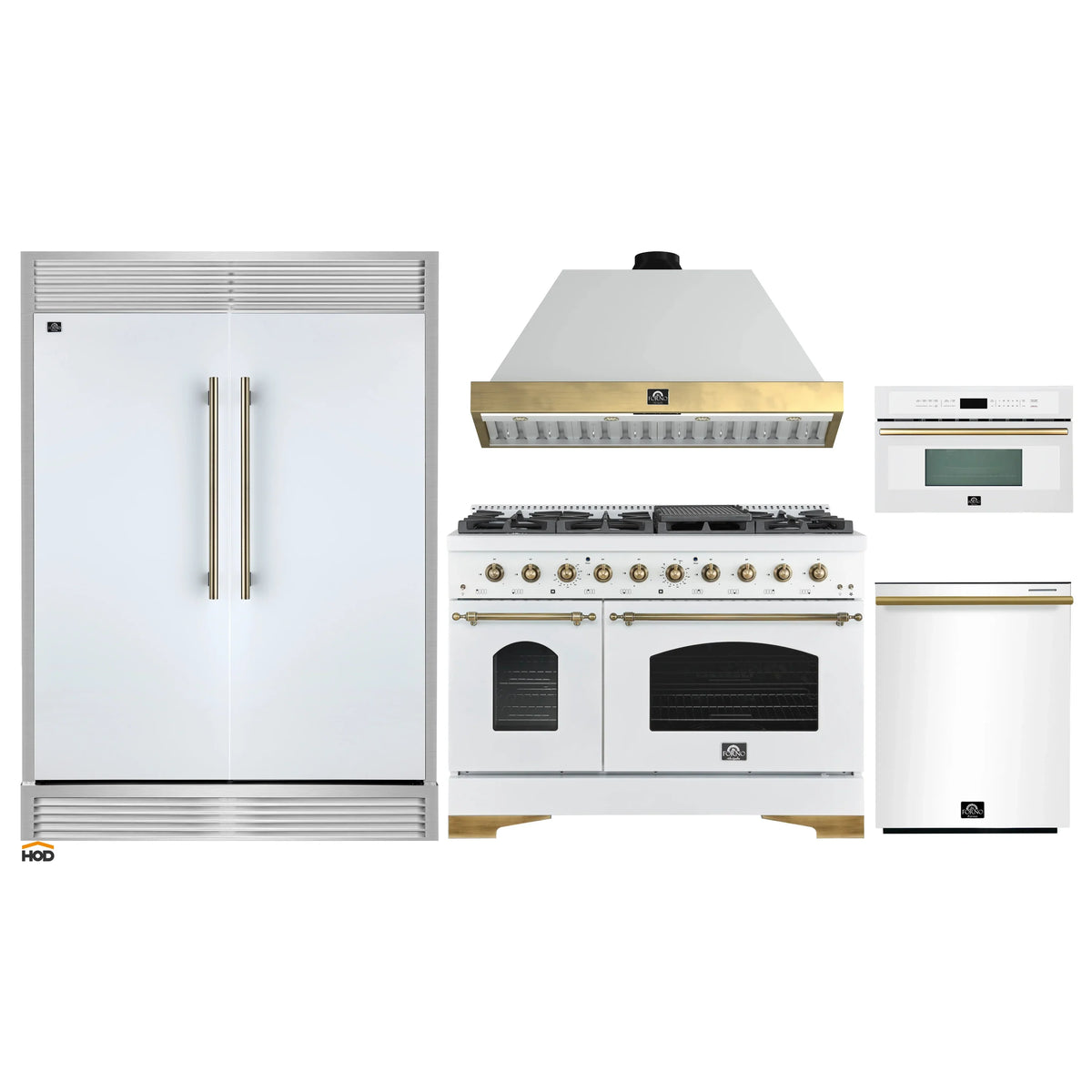 Forno 5-Piece Appliance Package - 48-Inch Antico Gas Range, Wall Mount Range Hood, 60-Inch Refrigerator, Dishwasher, & 30-Inch Microwave Oven in White with Antique Brass Trim