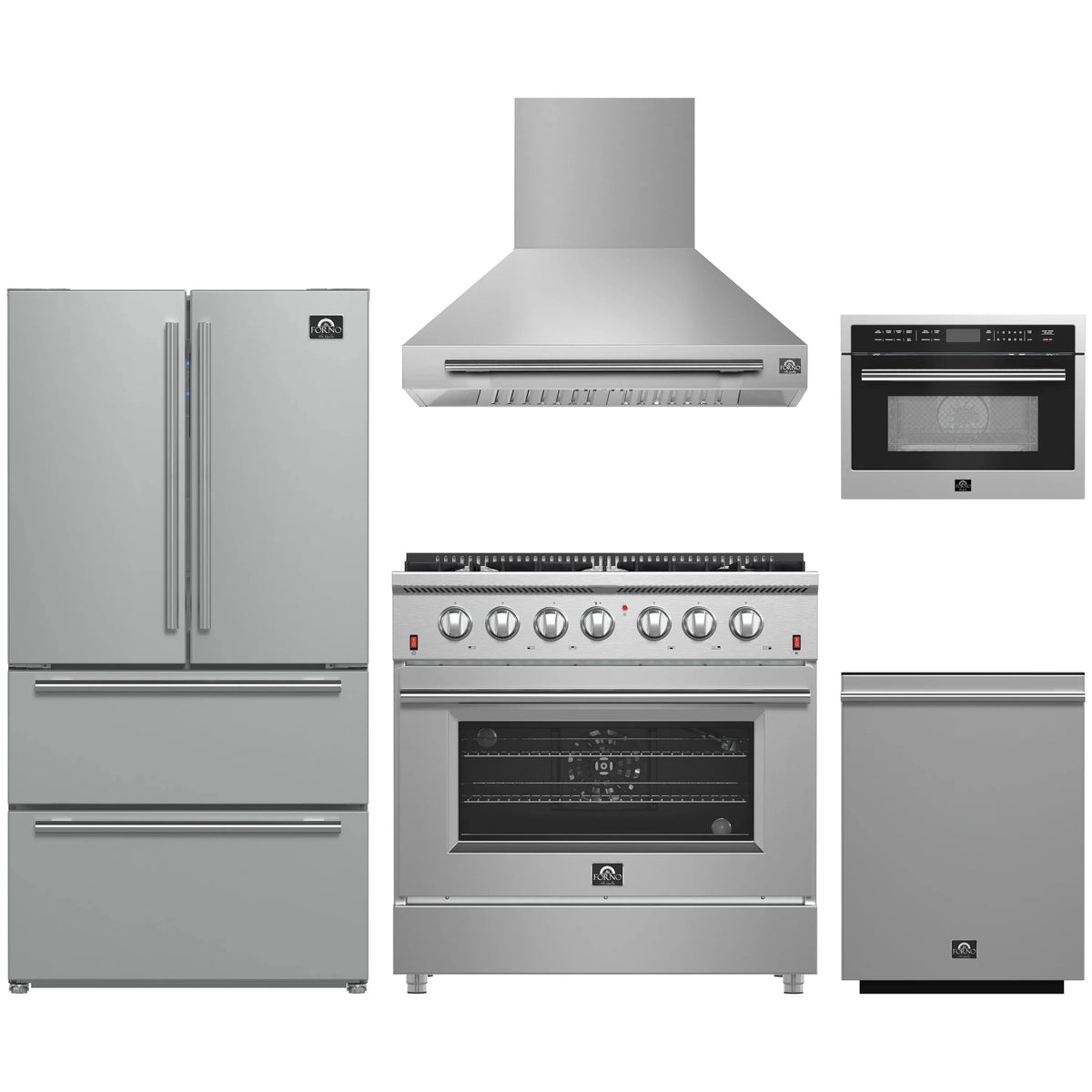 Forno 5-Piece Appliance Package - 36-Inch Gas Range, Wall Mount Range Hood, 36-Inch Refrigerator, Dishwasher, and 24-Inch Microwave Oven in Stainless Steel