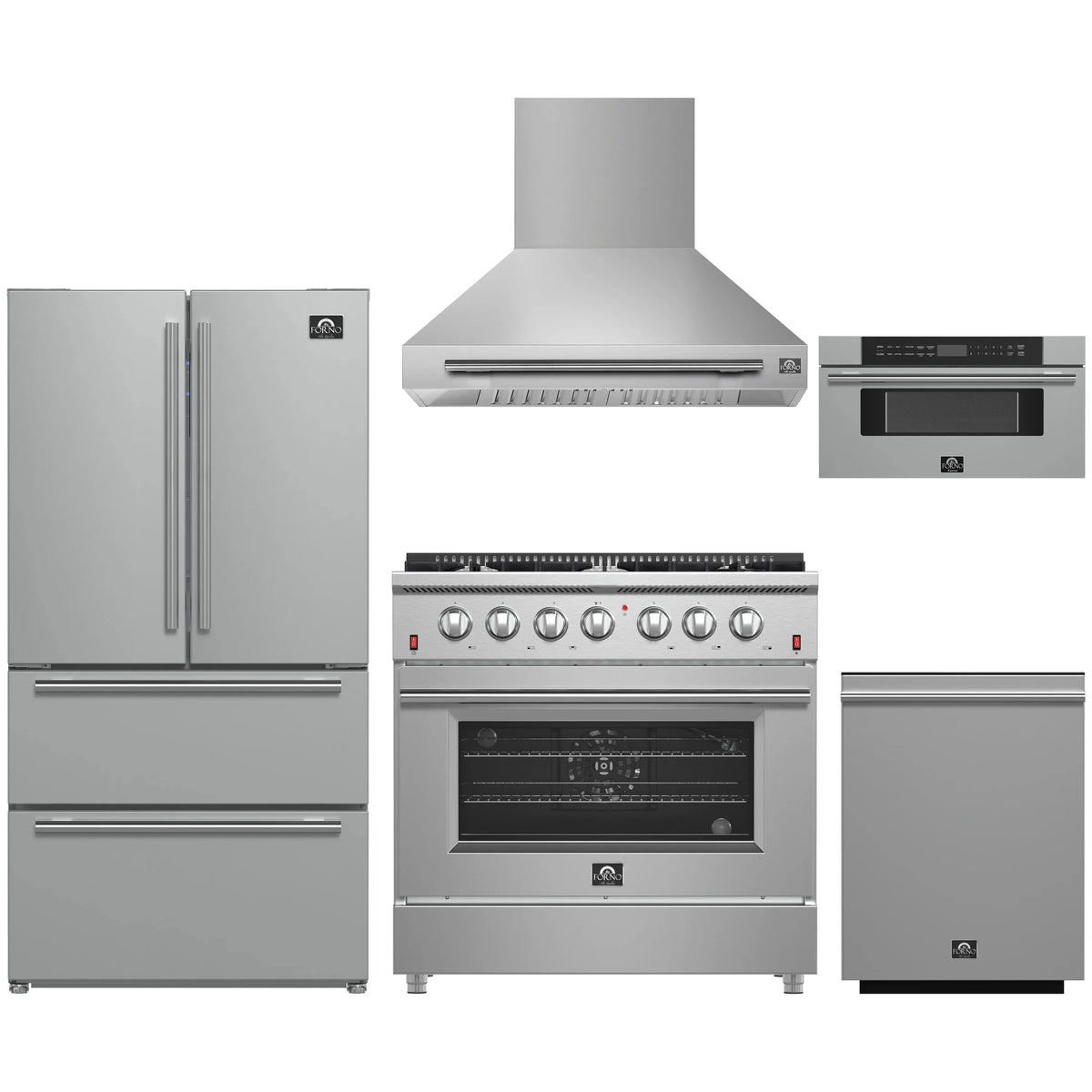 Forno 5-Piece Appliance Package - 36-Inch Gas Range, Wall Mount Range Hood, 36-Inch Refrigerator, Dishwasher, and 30-Inch Microwave Drawer in Stainless Steel