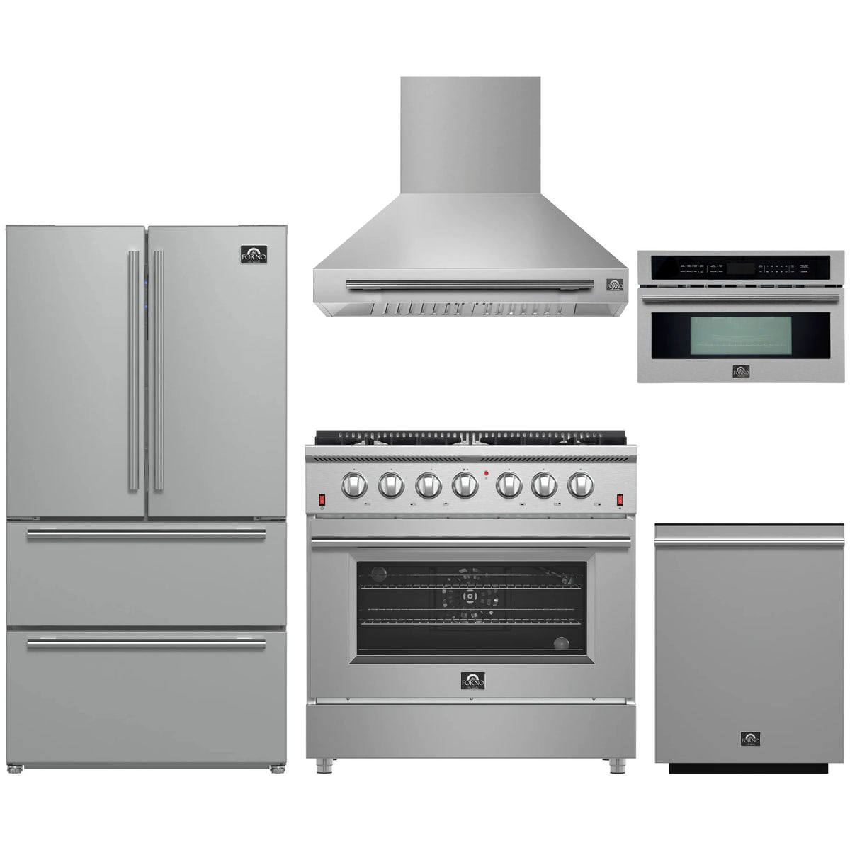 Forno 5-Piece Appliance Package - 36-Inch Gas Range, Wall Mount Range Hood, 36-Inch Refrigerator, Dishwasher, and 30-Inch Microwave Oven in Stainless Steel