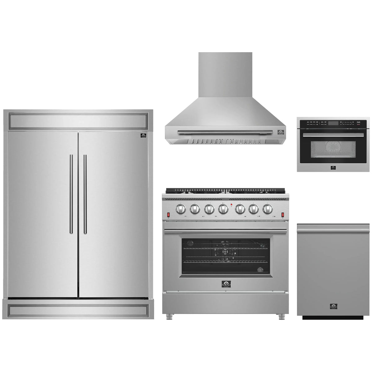 Forno 5-Piece Appliance Package - 36-Inch Gas Range, Wall Mount Range Hood, 60-Inch Refrigerator, Dishwasher, and 24-Inch Microwave Oven in Stainless Steel