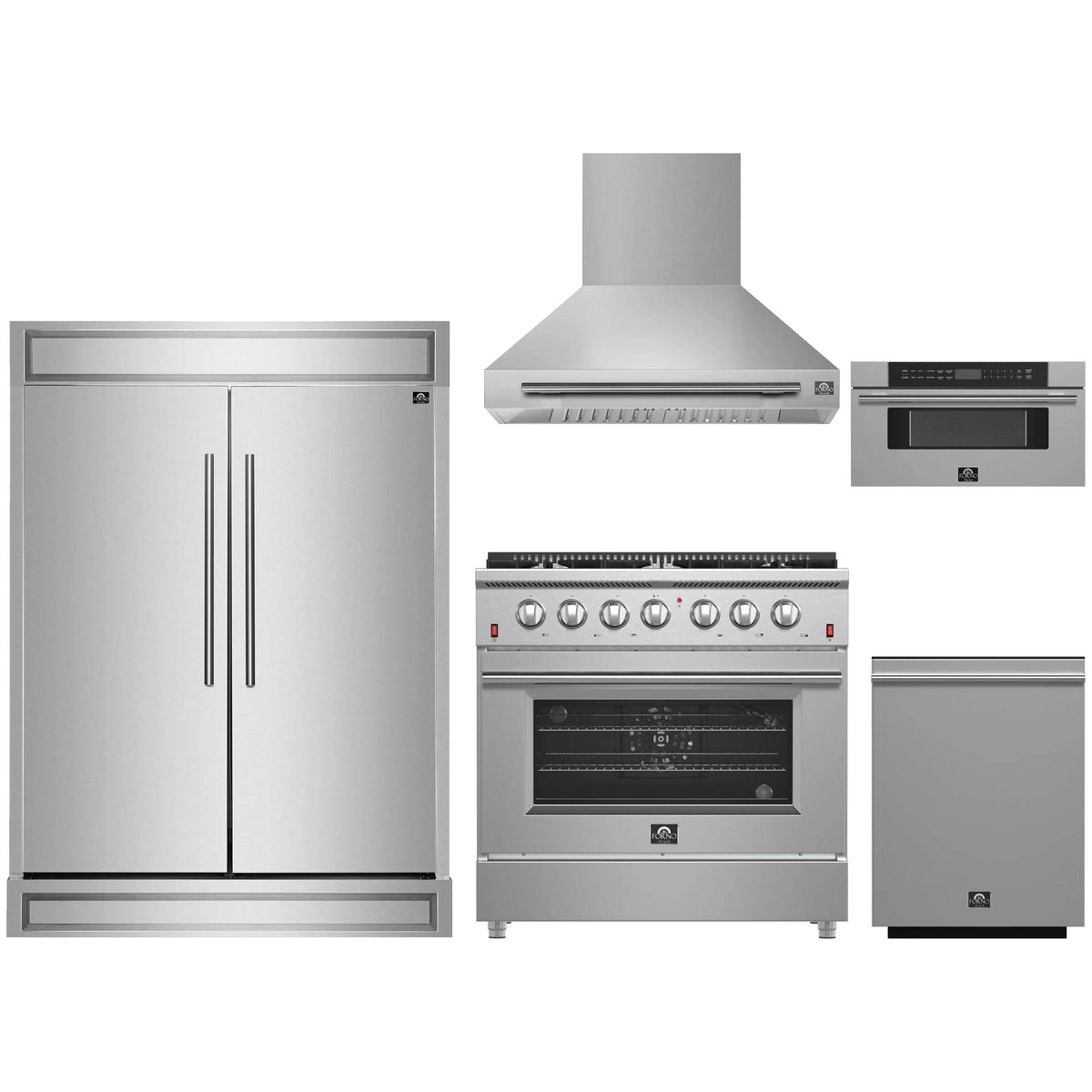 Forno 5-Piece Appliance Package - 36-Inch Gas Range, Wall Mount Range Hood, 60-Inch Refrigerator, Dishwasher, and 30-Inch Microwave Drawer in Stainless Steel