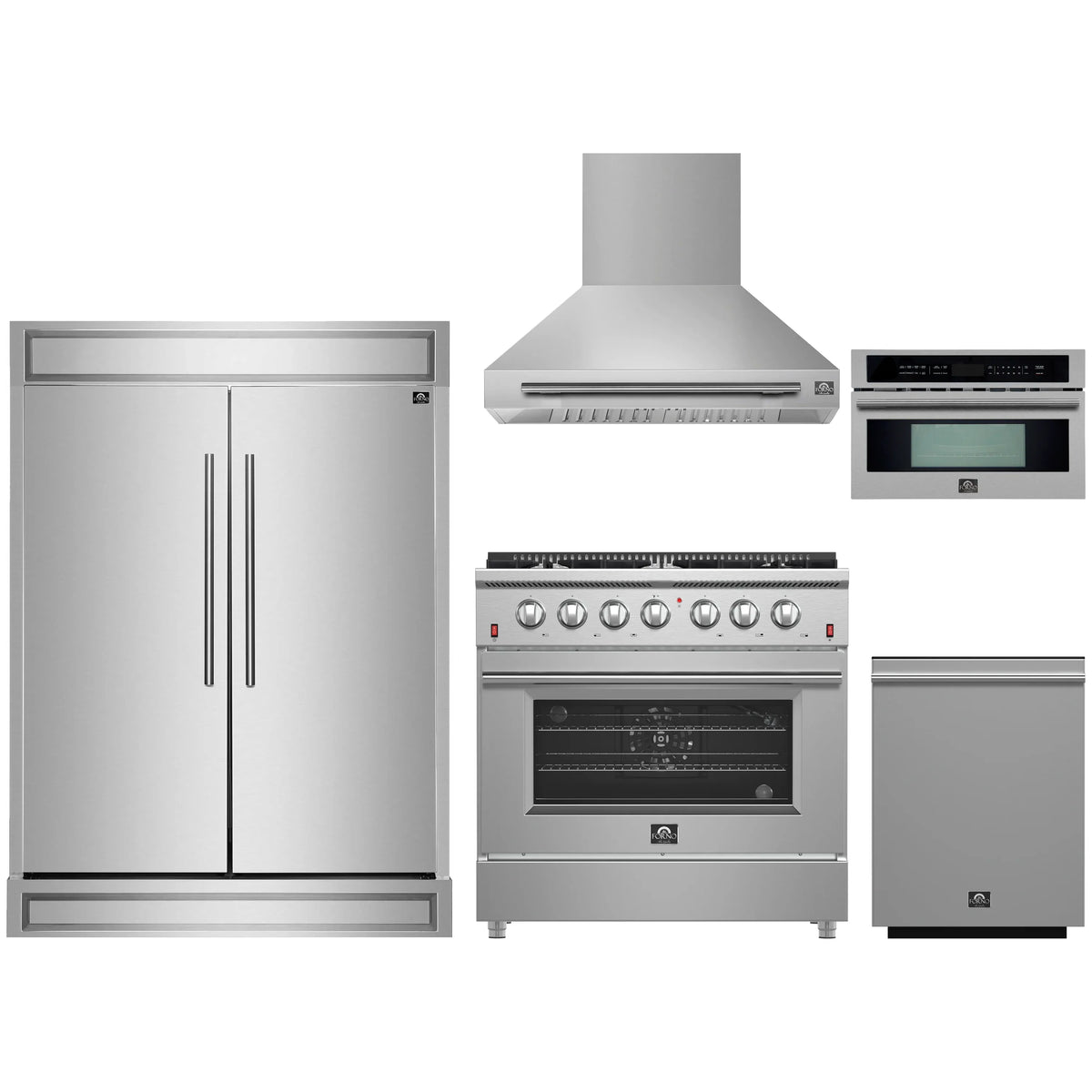 Forno 5-Piece Appliance Package - 36-Inch Gas Range, Wall Mount Range Hood, 60-Inch Refrigerator, Dishwasher, and 30-Inch Microwave Oven in Stainless Steel