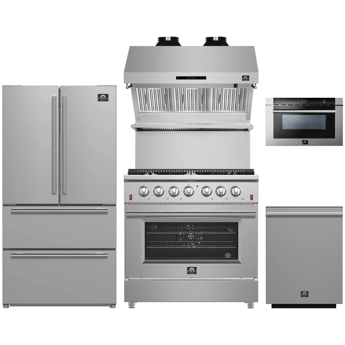 Forno 5-Piece Appliance Package - 36-Inch Gas Range, Refrigerator, Wall Mount Hood with Backsplash, 24-Inch Microwave Drawer, & 3-Rack Dishwasher in Stainless Steel