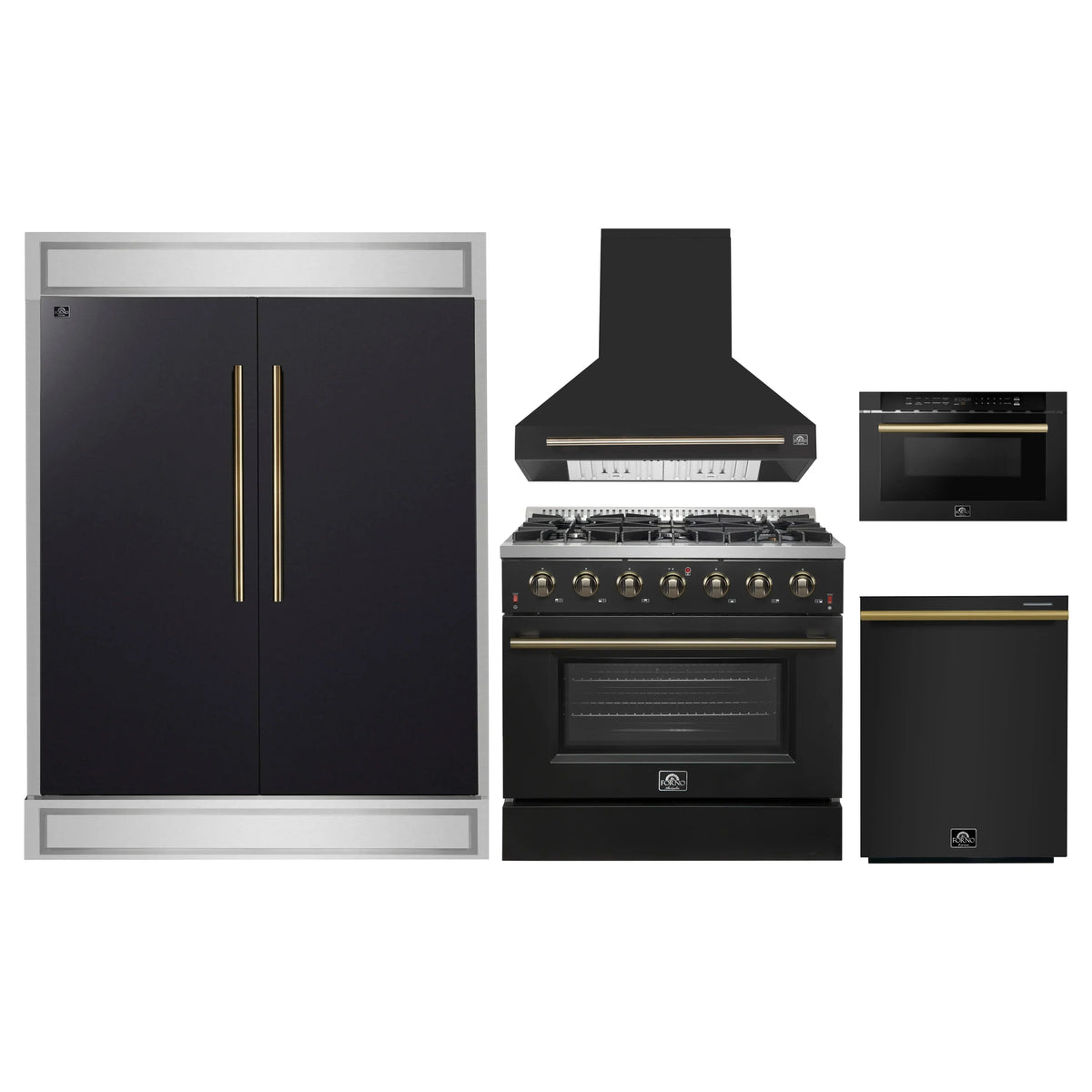 Forno 5-Piece Appliance Package - 36-Inch Gas Range, Wall Mount Range Hood, 60-Inch Refrigerator, Dishwasher, and 24-Inch Microwave Drawer in Black with Antique Brass Trim