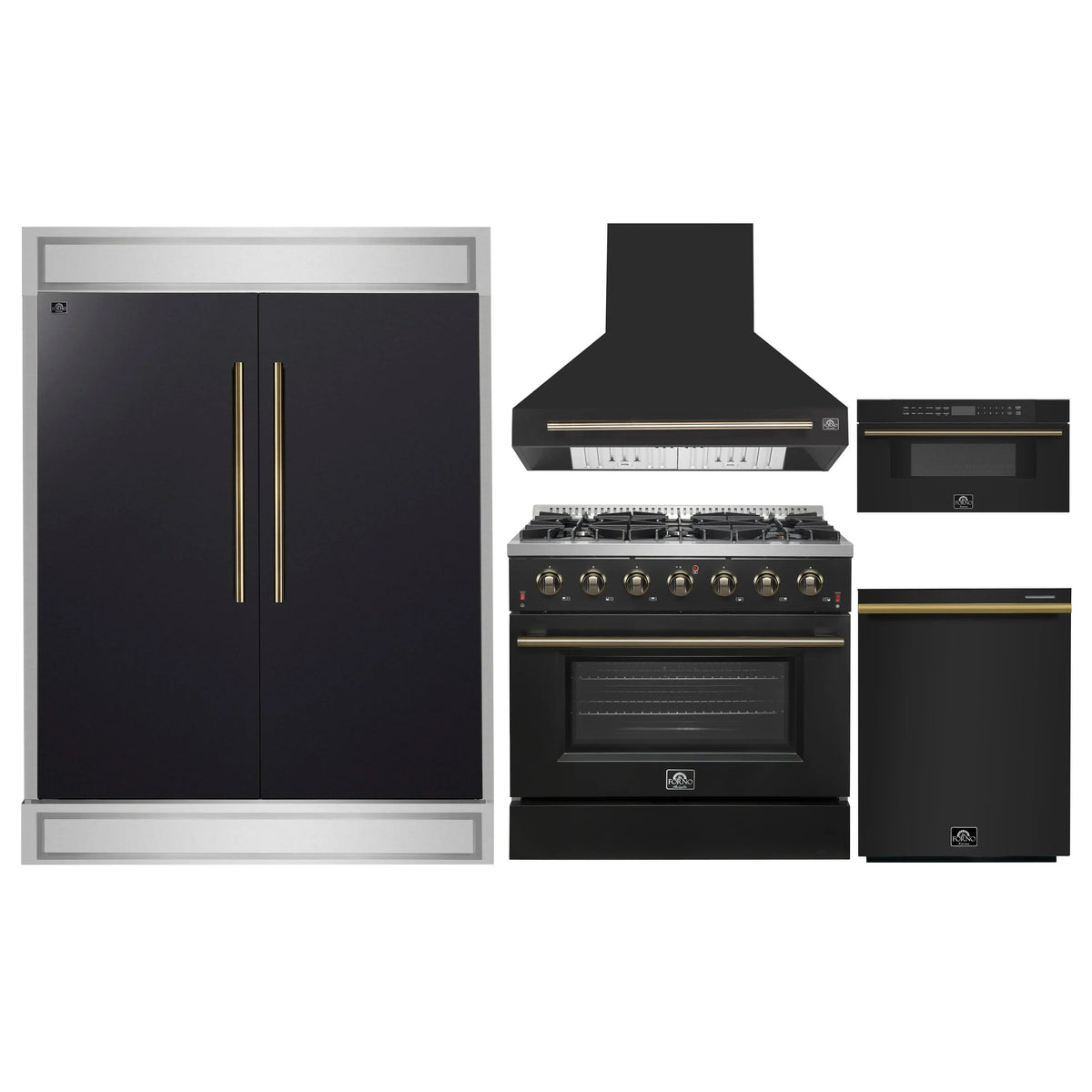 Forno 5-Piece Appliance Package - 36-Inch Gas Range, Wall Mount Range Hood, 60-Inch Refrigerator, Dishwasher, and 30-Inch Microwave Drawer in Black with Antique Brass Trim