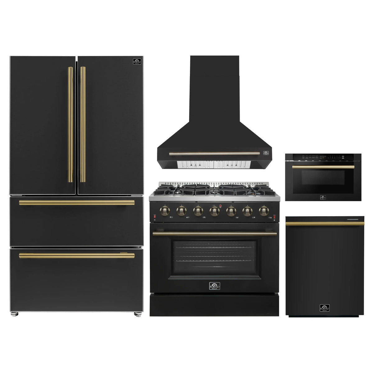 Forno 5-Piece Appliance Package - 36-Inch Gas Range, Wall Mount Range Hood, 36-Inch Refrigerator, Dishwasher, and 24-Inch Microwave Drawer in Black with Antique Brass Trim