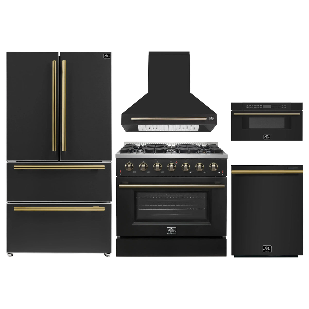 Forno 5-Piece Appliance Package - 36-Inch Gas Range, Wall Mount Range Hood, 36-Inch Refrigerator, Dishwasher, and 30-Inch Microwave Drawer in Black with Antique Brass Trim
