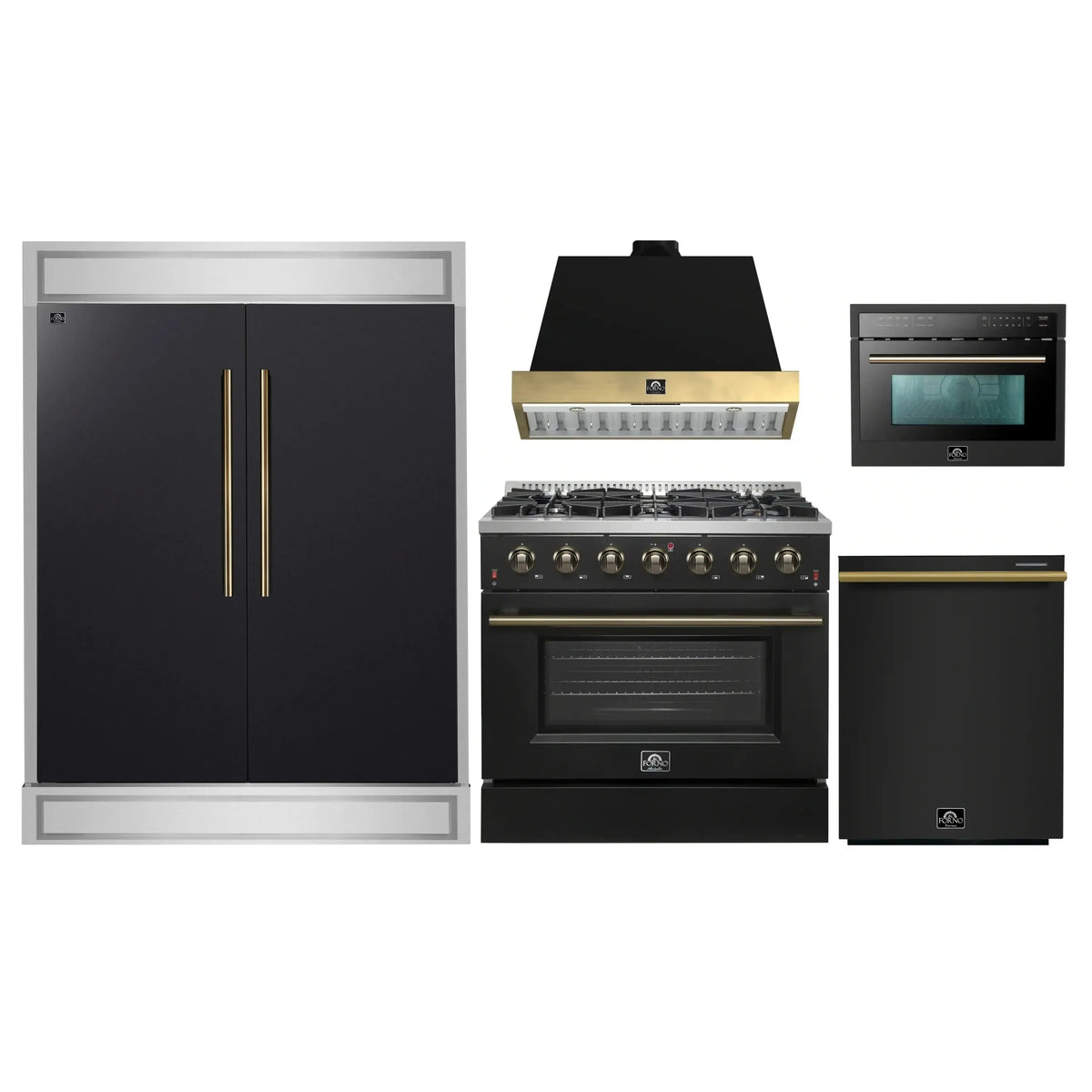 Forno 5-Piece Appliance Package - 36-Inch Gas Range, Wall Mount Range Hood, 60-Inch Convertible Refrigerator with Modern Trim, Dishwasher, and 24-Inch Microwave Oven in Black with Antique Brass Trim
