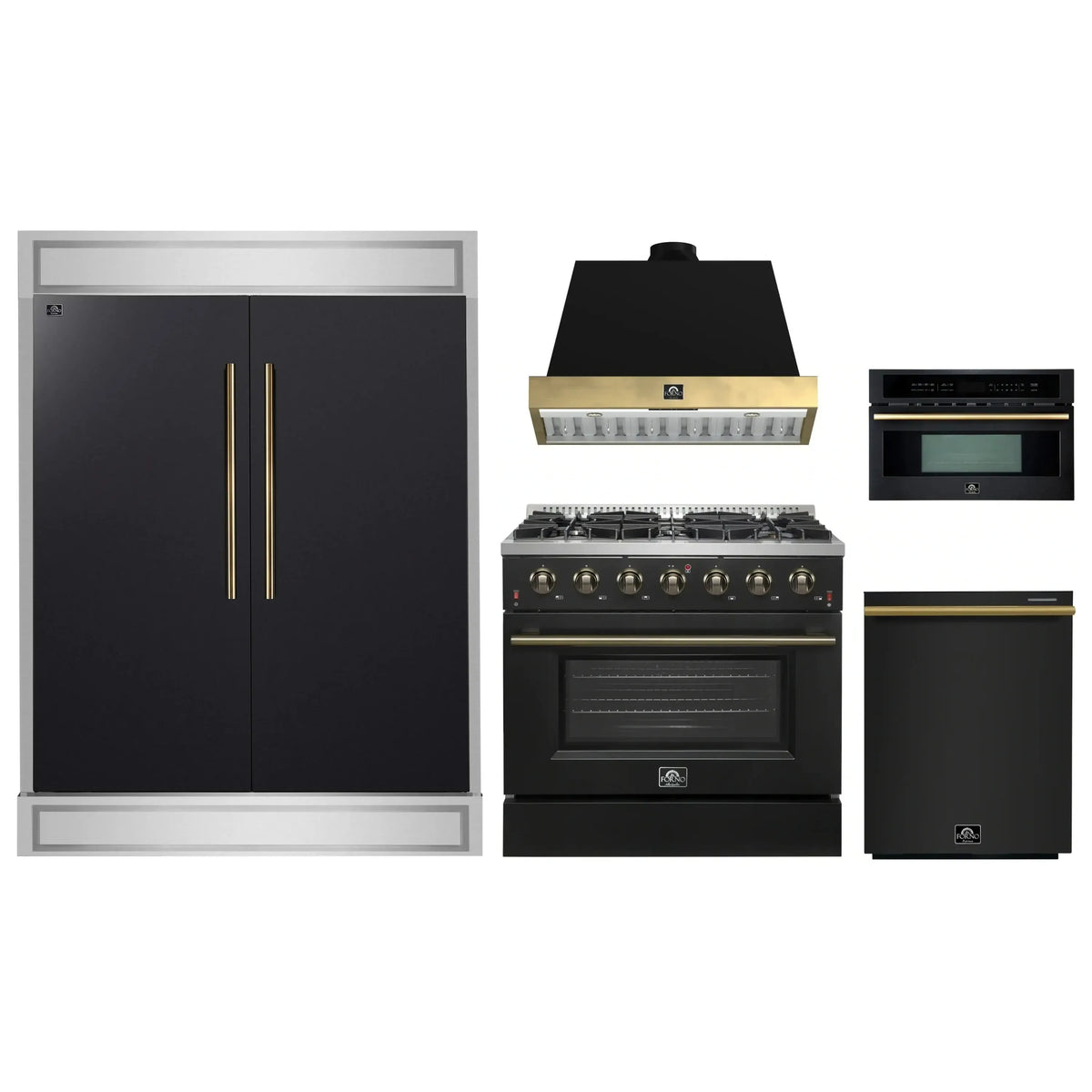 Forno 5-Piece Appliance Package - 36-Inch Gas Range, Wall Mount Range Hood, 60-Inch Convertible Refrigerator with Modern Trim, Dishwasher, and 30-Inch Microwave Oven in Black with Antique Brass Trim