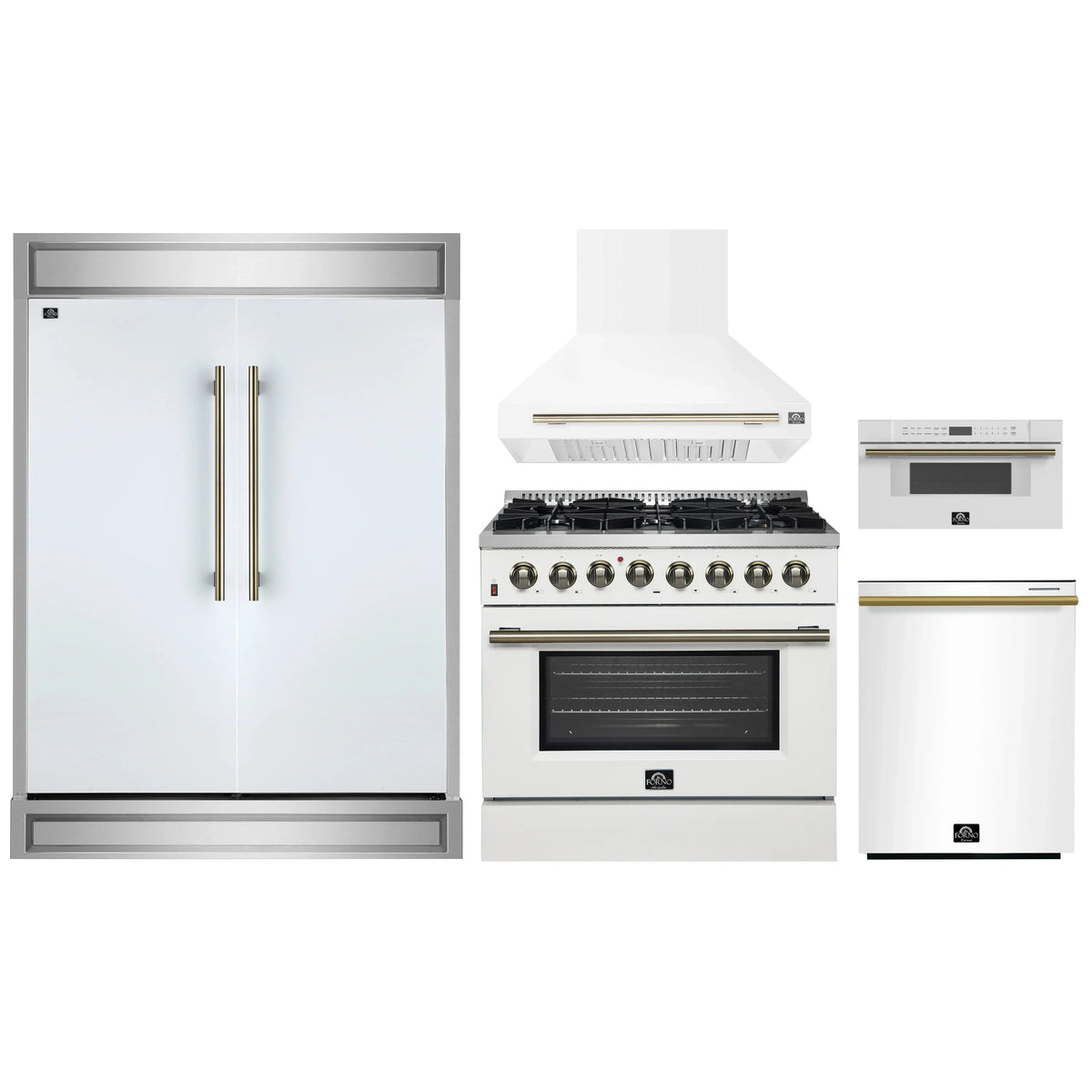 Forno 5-Piece Appliance Package - 36-Inch Gas Range, Wall Mount Range Hood, 60-Inch Refrigerator, Dishwasher, and 30-Inch Microwave Drawer in White with Antique Brass Trim