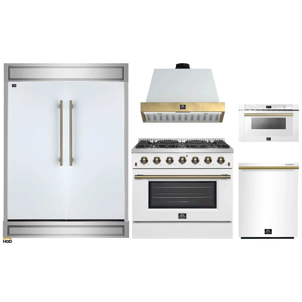 Forno 5-Piece Appliance Package - 36-Inch Gas Range, Wall Mount Range Hood, 60-Inch Refrigerator, Dishwasher, & 24-Inch Microwave Drawer in White with Antique Brass Trim