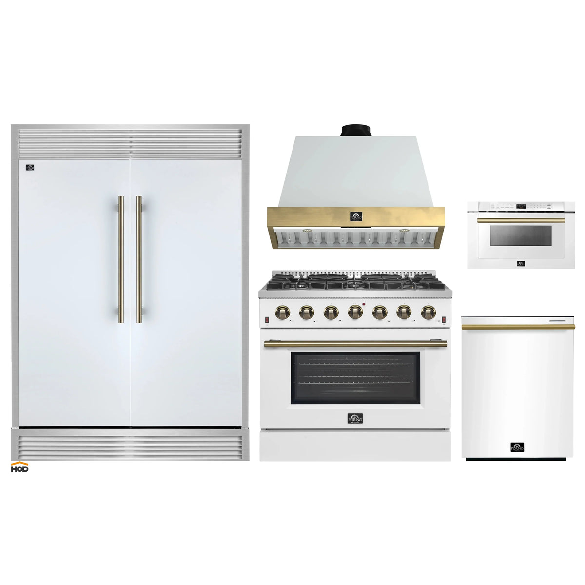 Forno 5-Piece Appliance Package - 36-Inch Galiano Gas Range, Wall Mount Range Hood, 60-Inch Refrigerator, Dishwasher, & 24-Inch Microwave Drawer in White with Antique Brass Trim