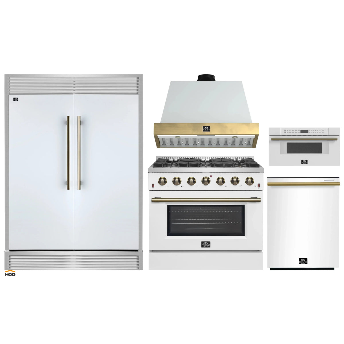 Forno 5-Piece Appliance Package - 36-Inch Galiano Gas Range, Wall Mount Range Hood, 60-Inch Refrigerator, Dishwasher, & 30-Inch Microwave Drawer in White with Antique Brass Trim